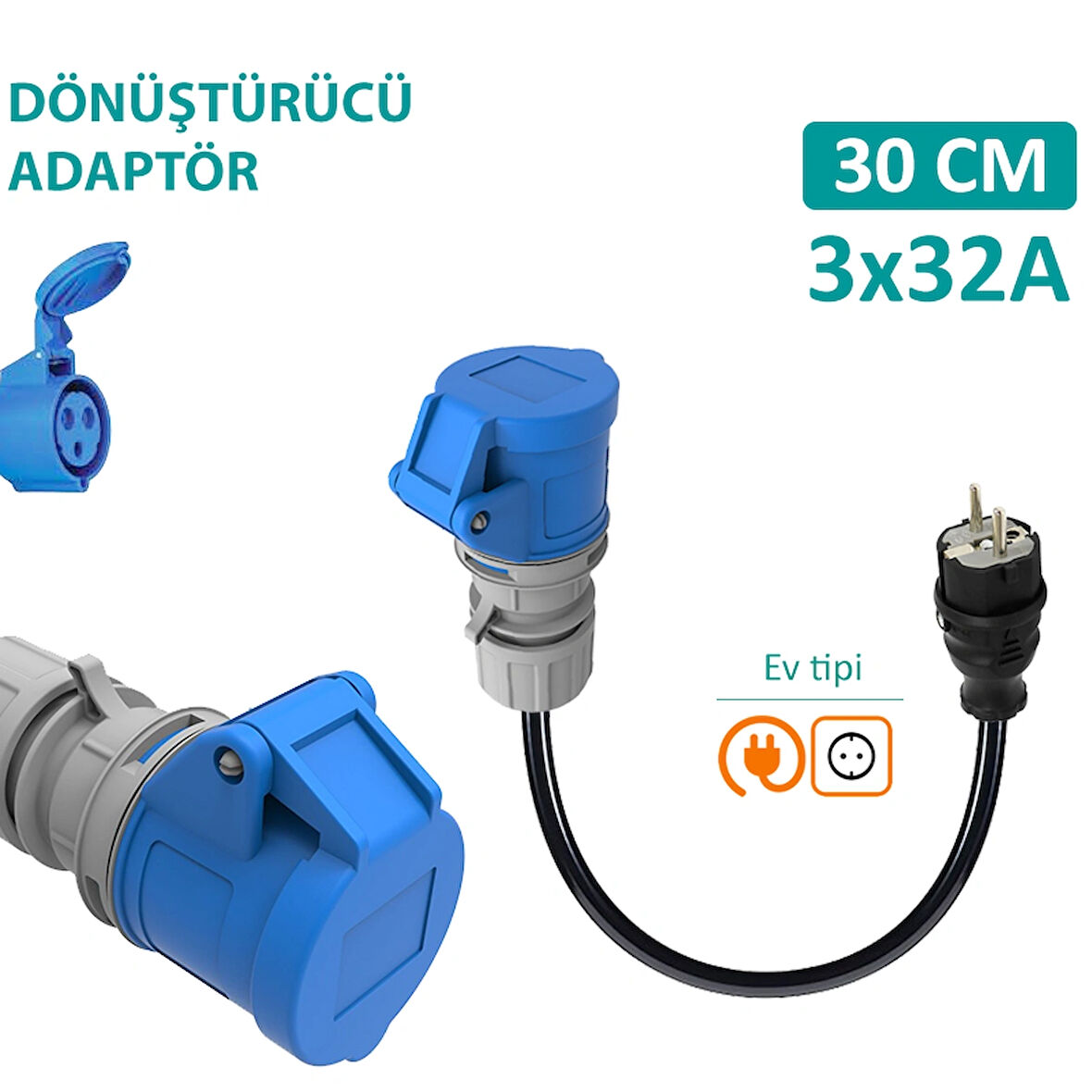 Hgsşarj 30CM, 3X32A 220V Cee ile Çalışan Cihazınızı, 220V Ev Tipi Prize Bağlar. Elektrikli Araç Şarj İstasyonu Dönüştürücü Adaptör