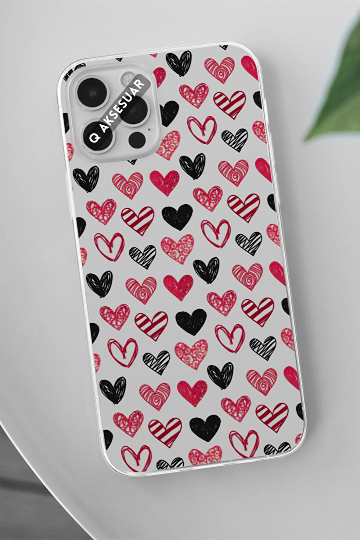 Huawei Mate 30 Lite Uyumlu Kırmızı Siyah Kalp Tasarımlı Şeffaf Telefon Kılıfı