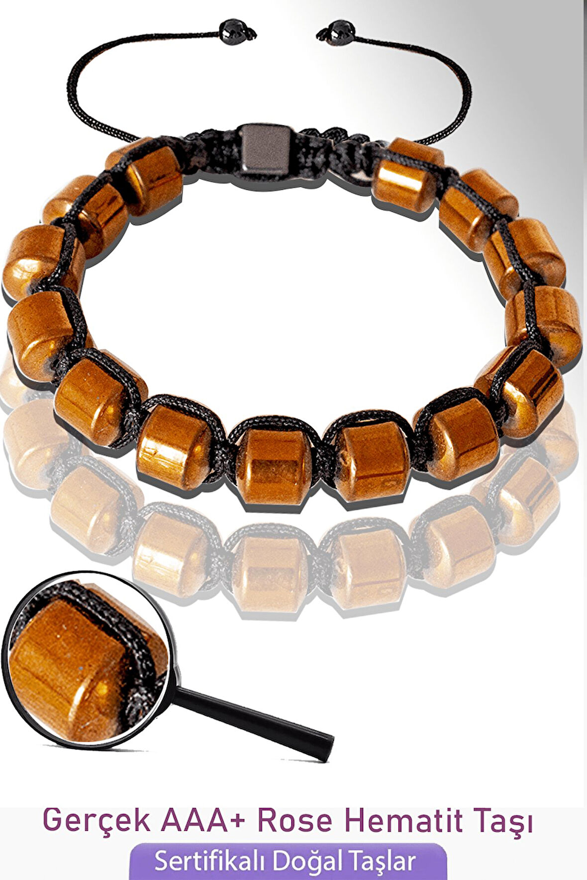 Sertifikalı Gerçek Fıçı Model Rose Hematit Taşı Bileklik - Ayarlamalı