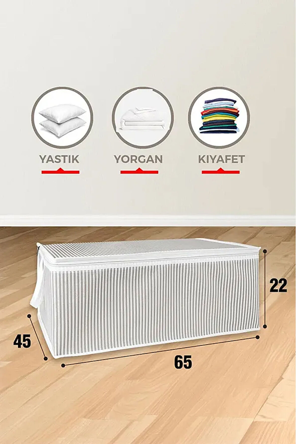 (4 ADET) Alas Gri Çizgili Fermuarlı Hurç Yastık-yorgan-kıyafet Düzenleyici 64*45*22 Cm