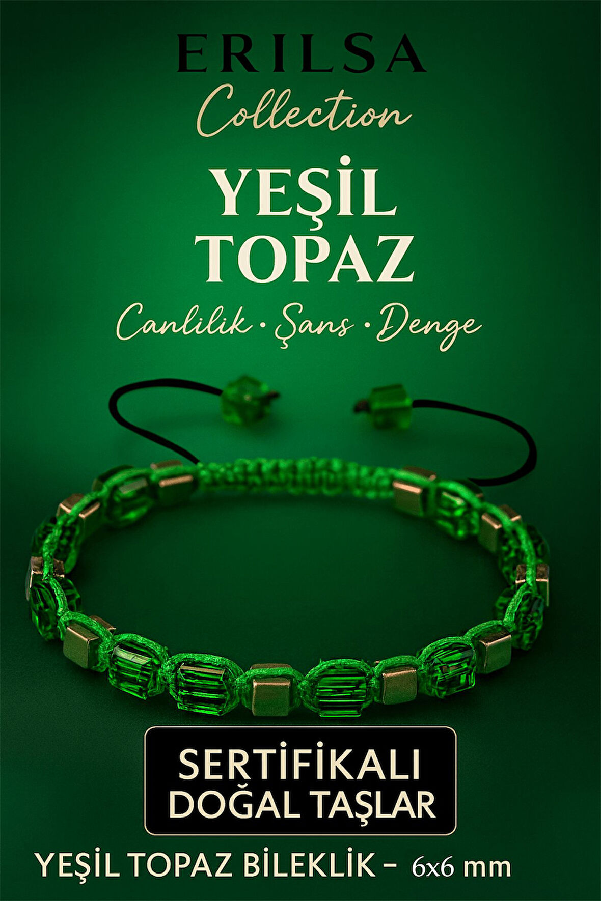 Sertifikalı Doğal Terahertz - Yeşil Topaz Taşı Bileklik - Canlılık ve Denge Taşı