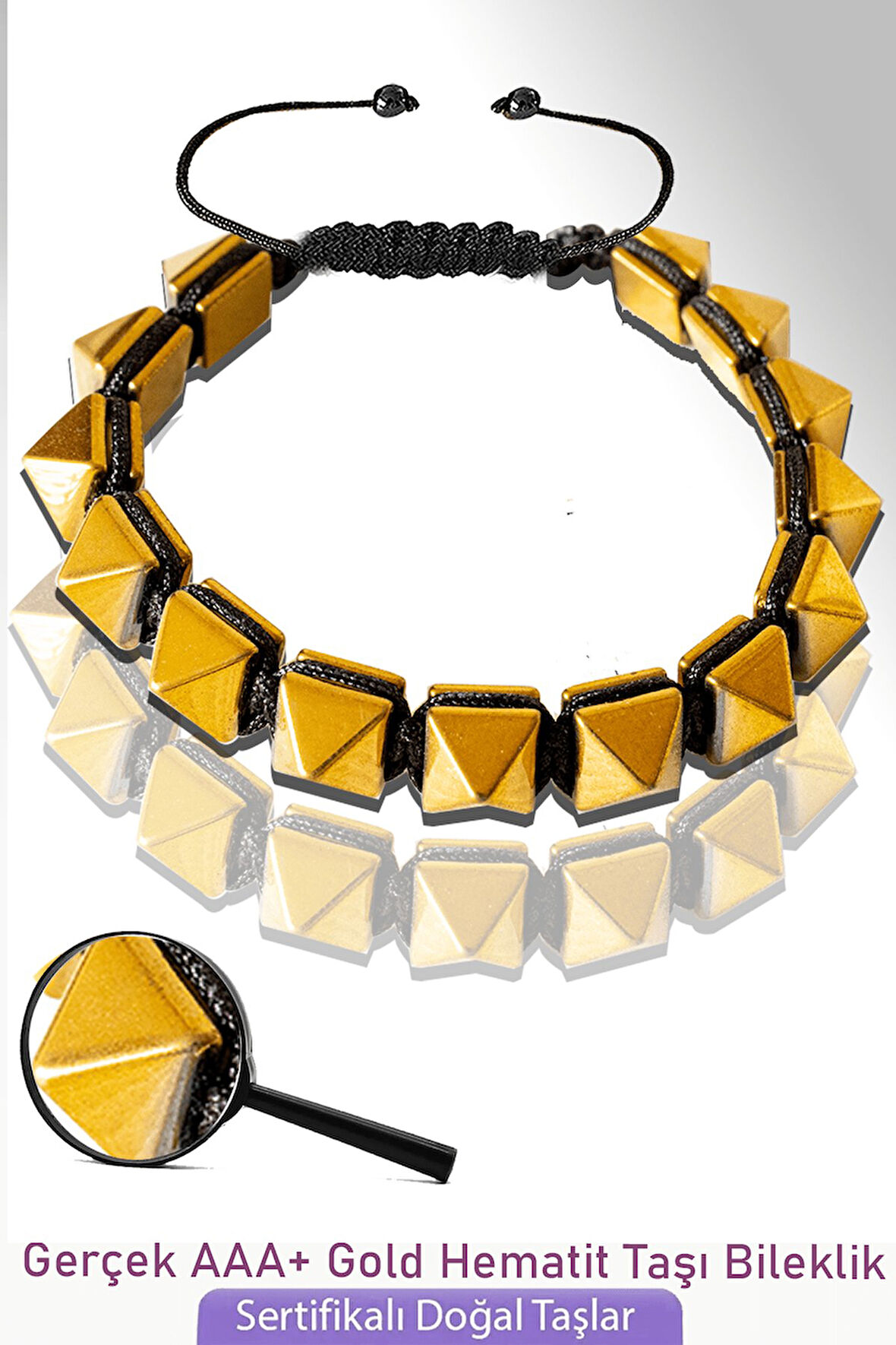 Sertifikalı Elmas Kesim Gerçek Gold Hematit Taşı Bileklik - Ayarlamalı