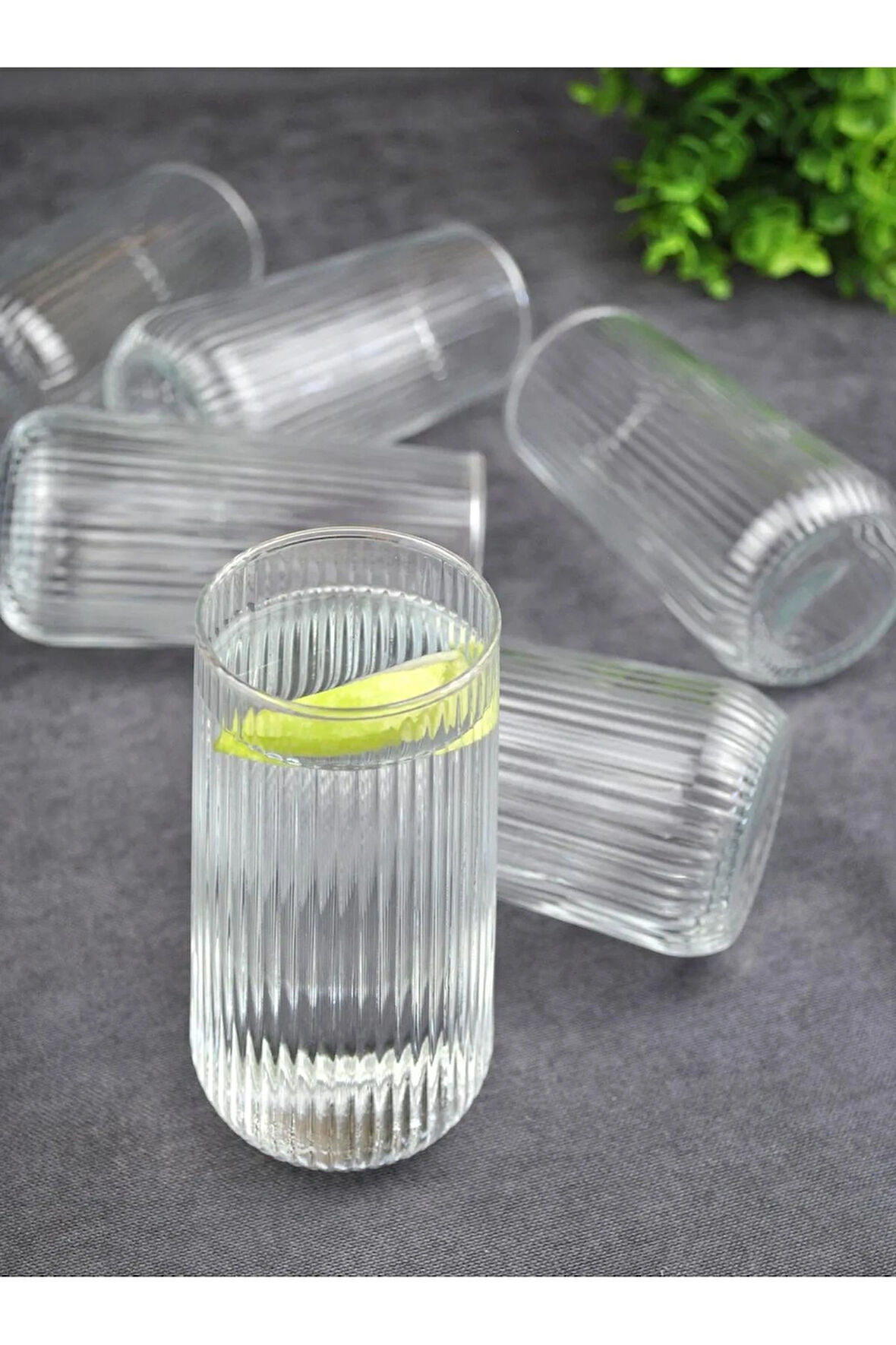 6'Lı Cam Meşrubat Bardağı Uzun Çizgili Su Bardak 350 Ml