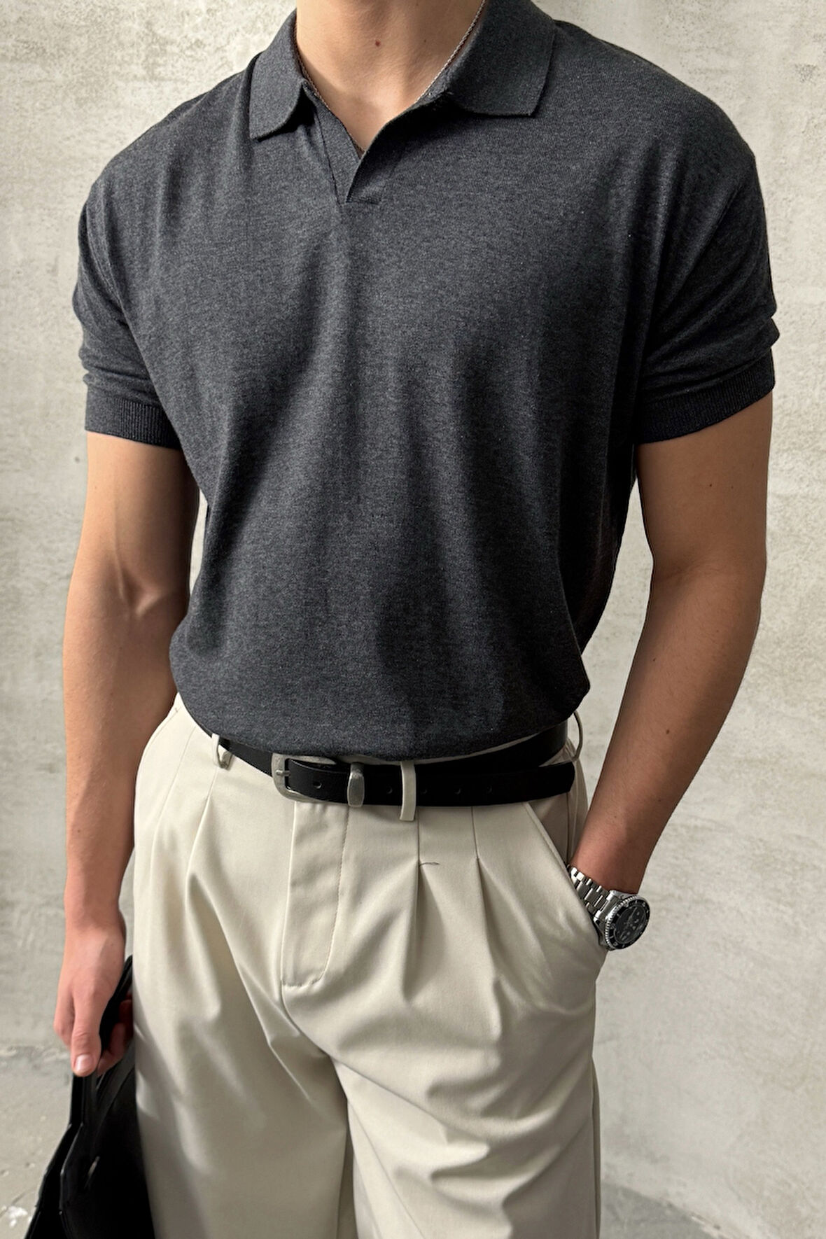 Erkek Oversize Pamuklu Polo Yaka Triko T-Shirt