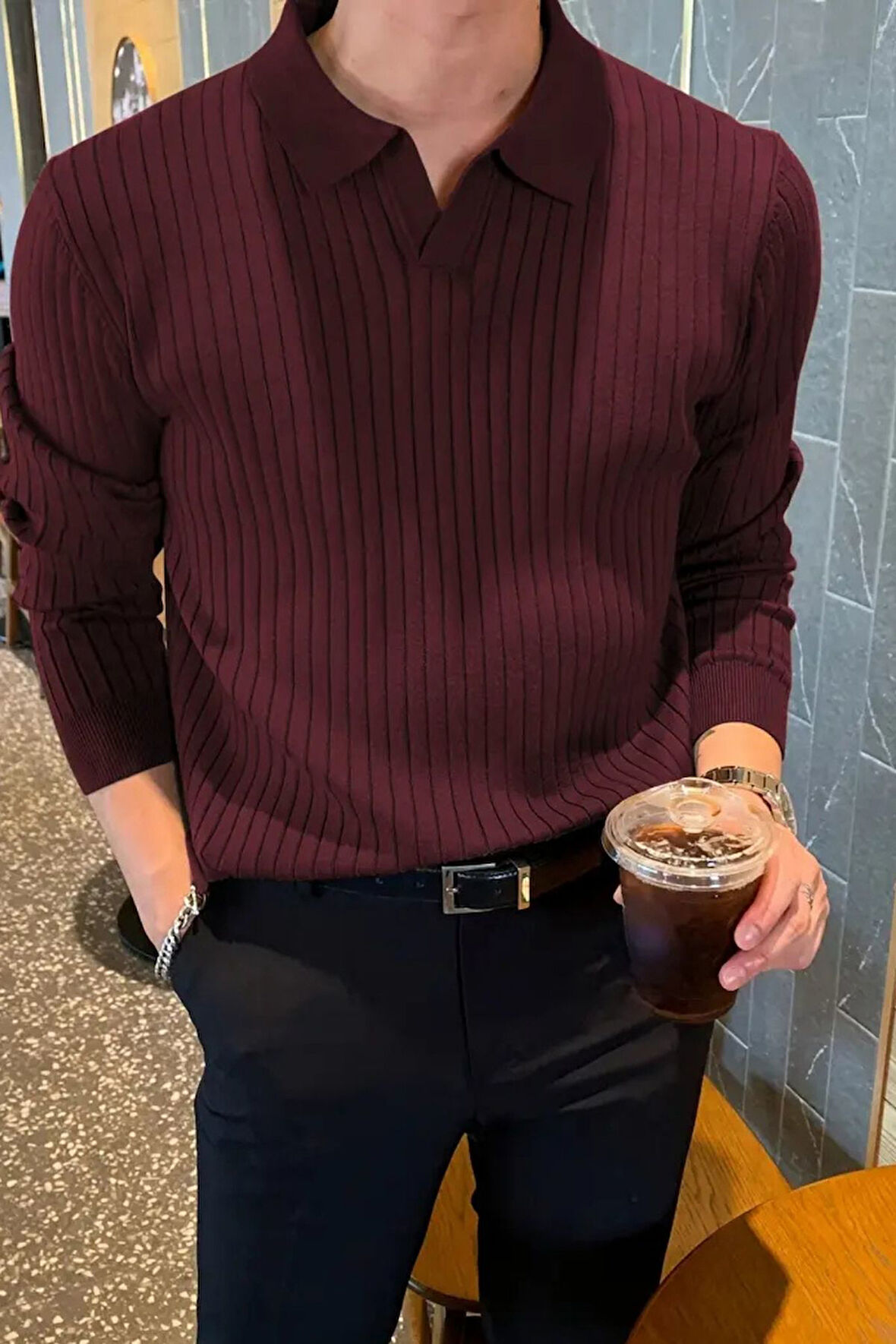 Erkek Polo Yaka Fitilli Oversize Triko Kazak