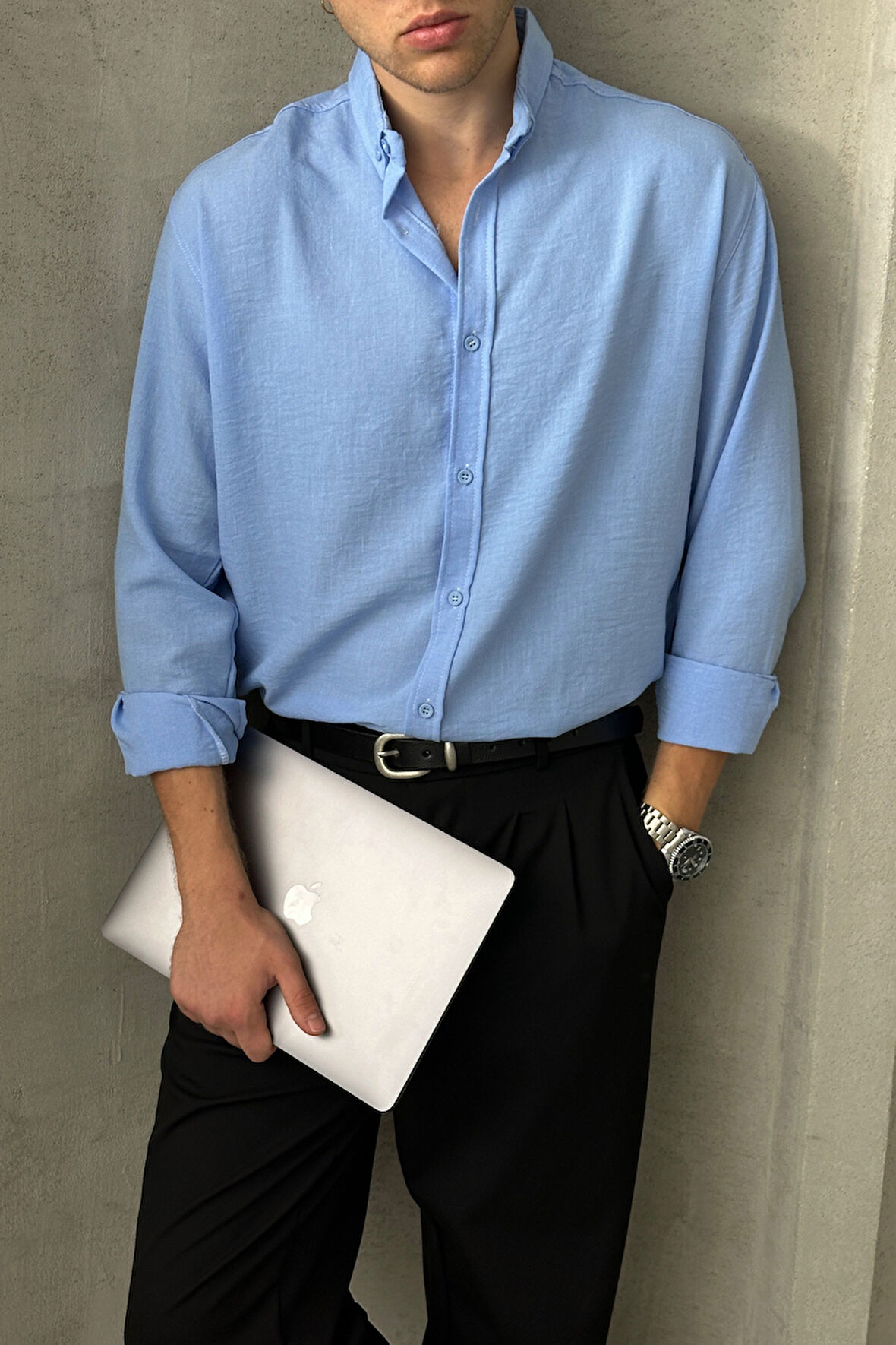 Erkek Oversize Kesim Keten Görünümlü Gömlek