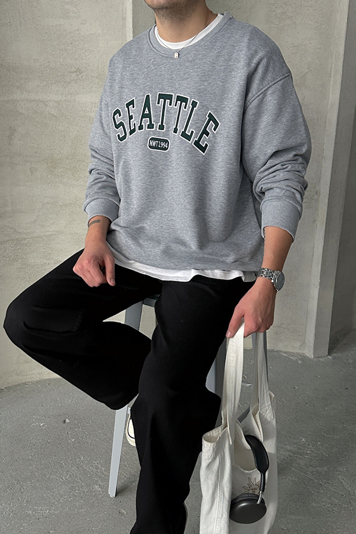 Erkek Seattle Baskılı Oversize Sweatshirt