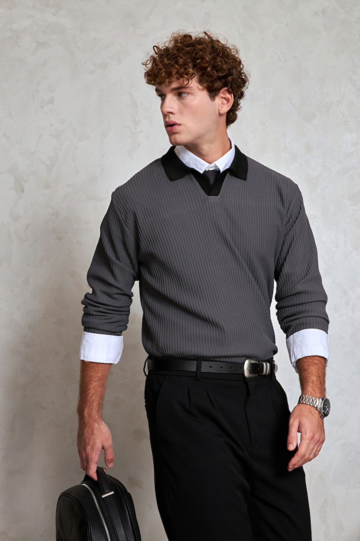 Erkek Polo Yaka Nopeli Oversize Triko Kazak