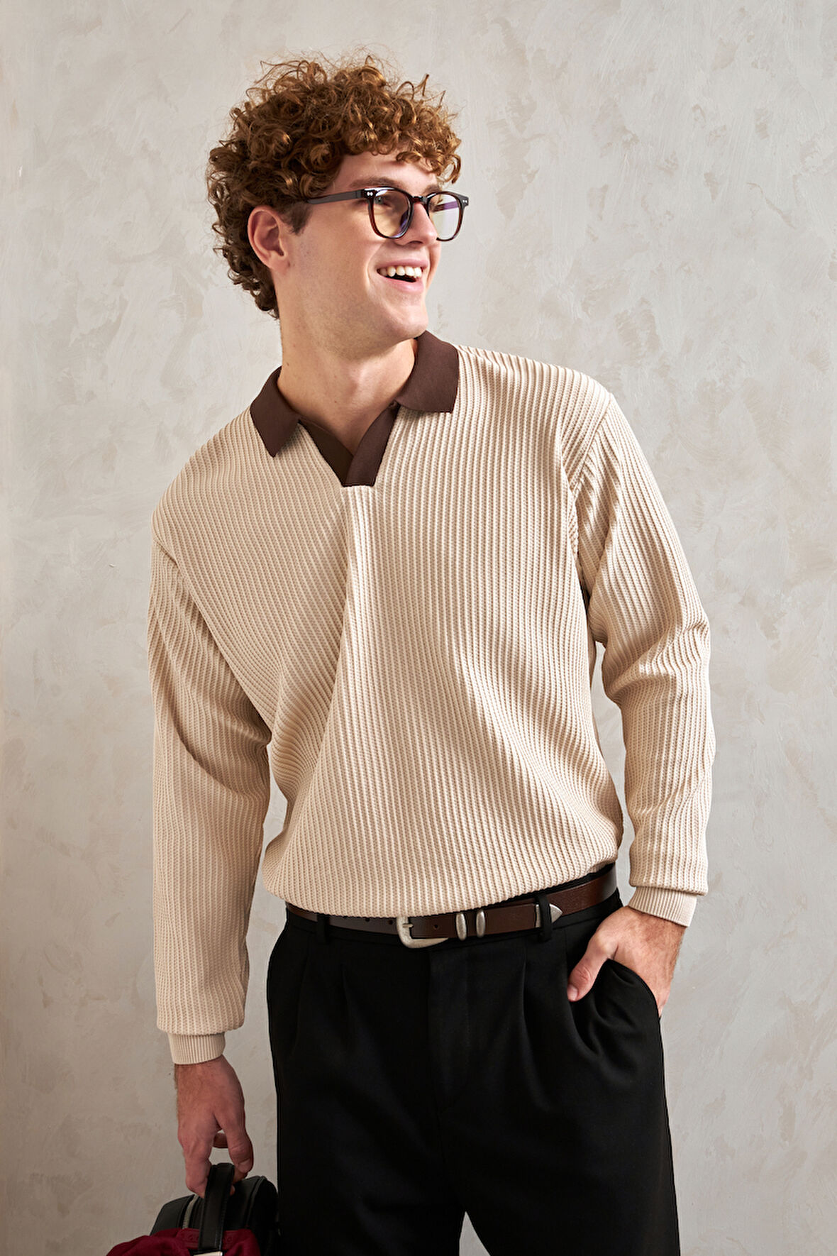 Erkek Polo Yaka Nopeli Oversize Triko Kazak