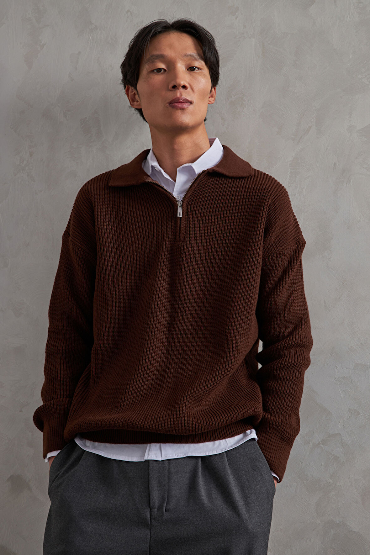 Erkek Yakası Fermuarlı Oversize Kazak