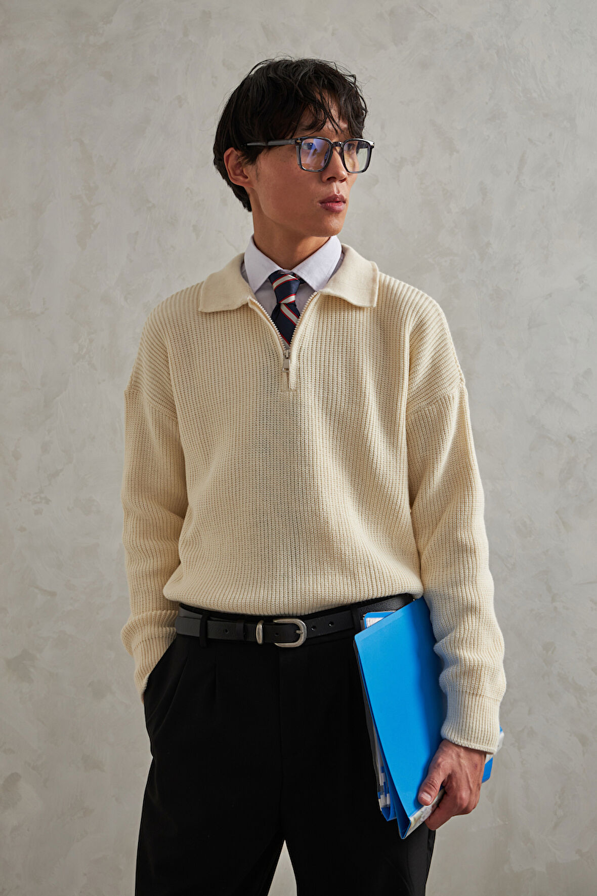 Erkek Yakası Fermuarlı Oversize Kazak