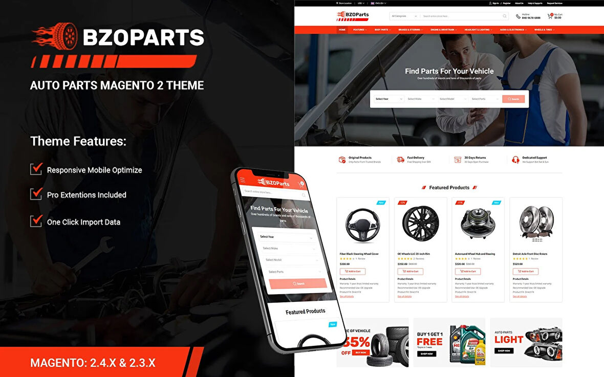 BzoParts - Responsive Auto Parts, Equipment Magento Teması