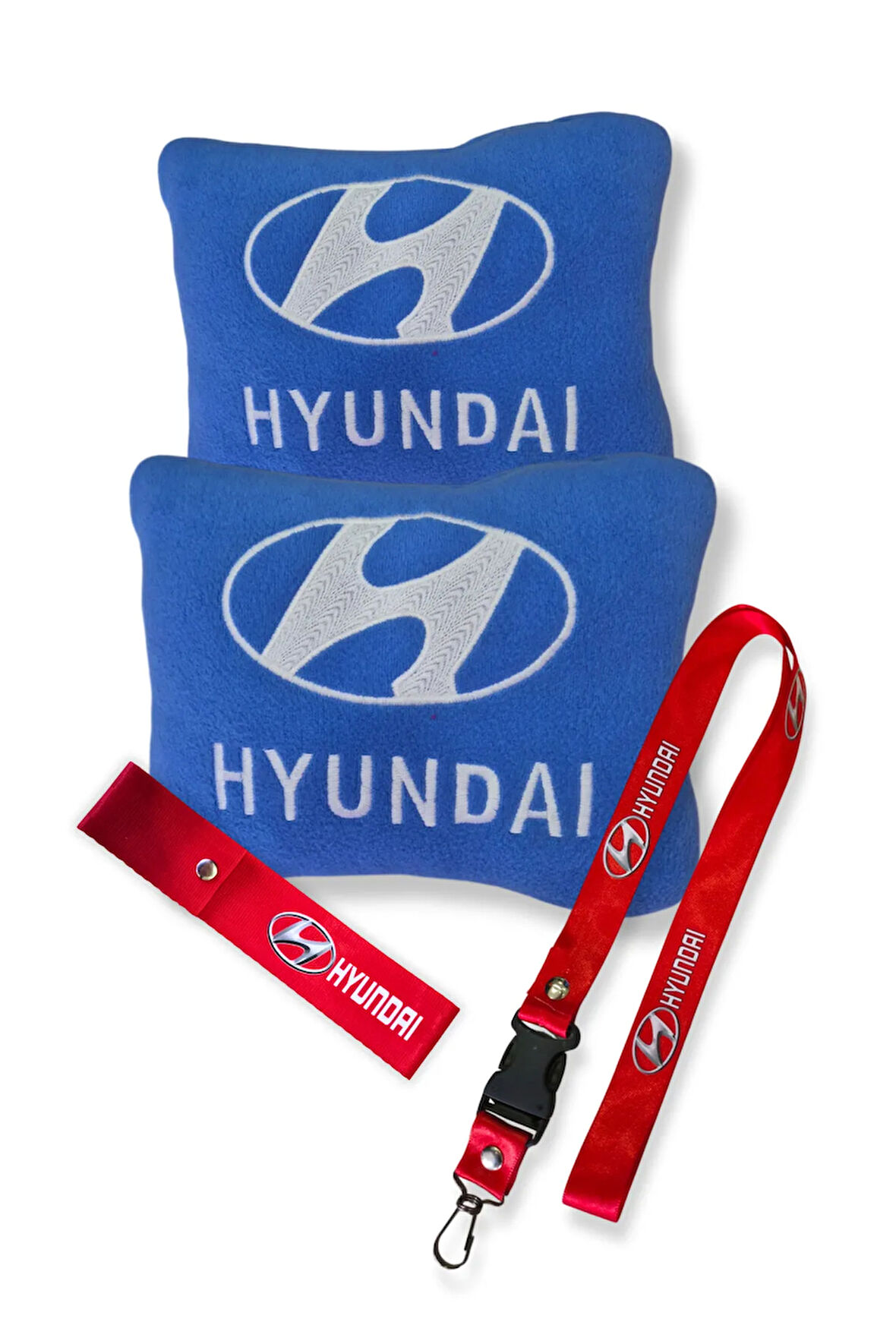 Hyundai Nakışlı Mavi Polar Ortopedik Seyahat Araç Boyun Yastığı / Oto Ayna Askısı & Tampon Çeki İpi