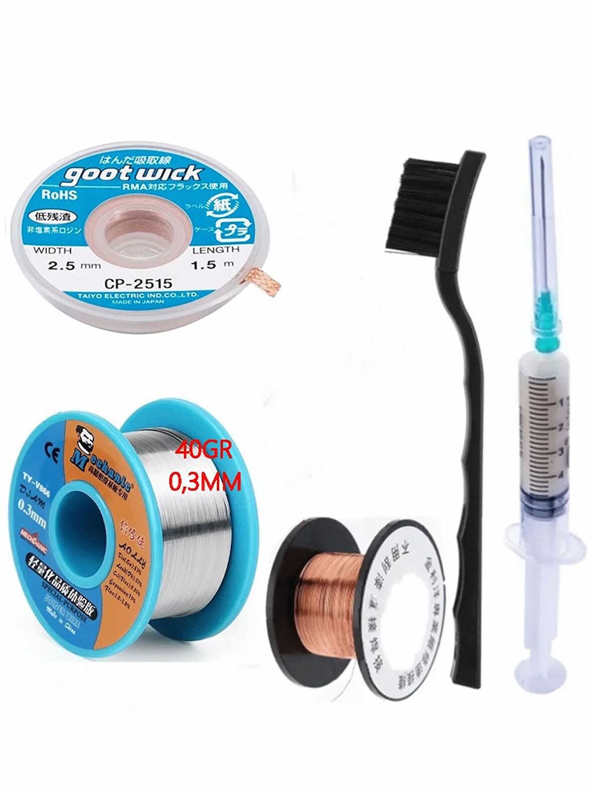 MECHANİC Soldering 63SN/37PB Lehim Teli 03MM 40Gr Ve Flux Lehim Toplama Ve CP 2515 Emme Teli 5in1 Set