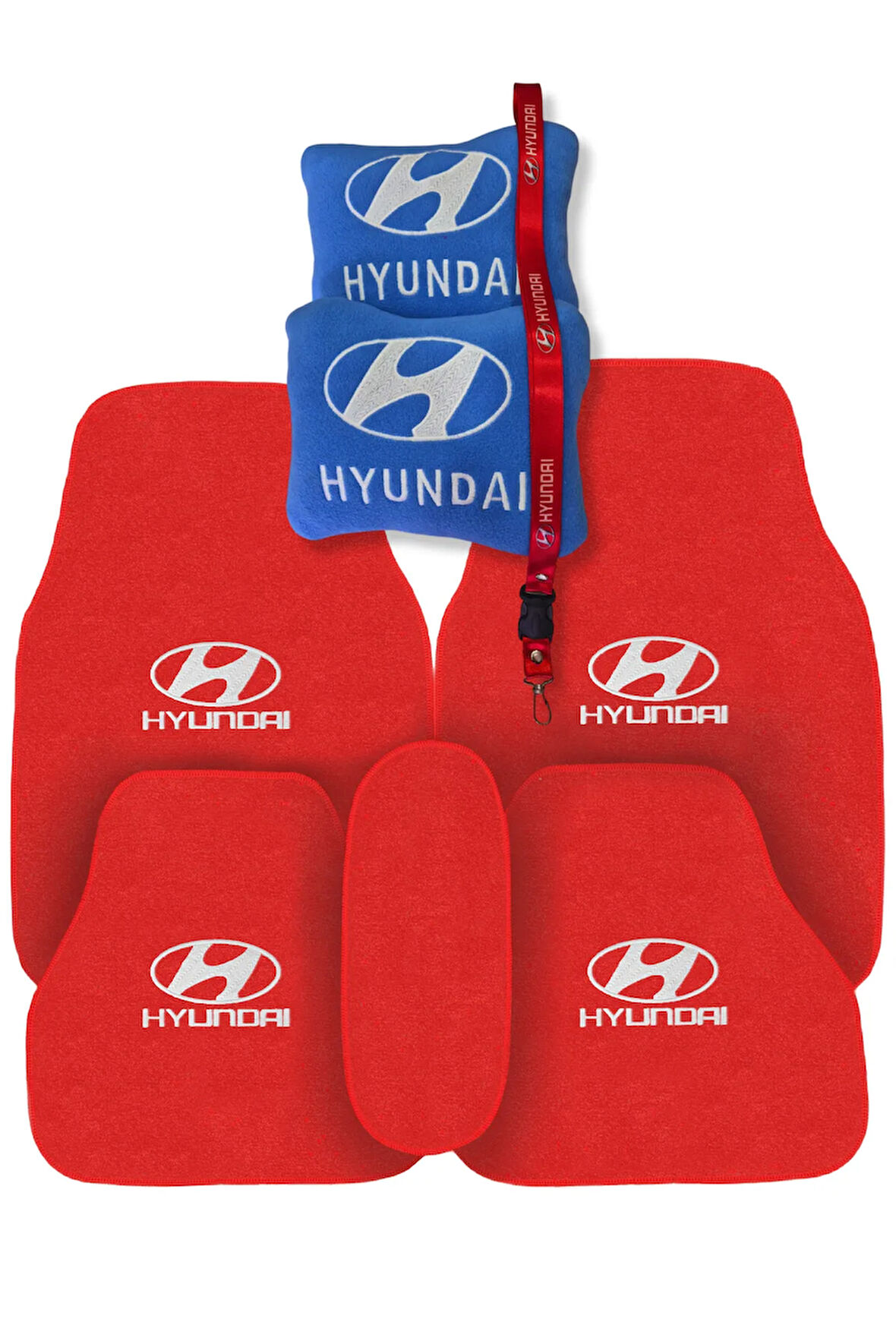 Hyundai Nakış İşlemeli Oto Halı Paspas | Hyundai Mavi Polar Oto Boyun Yastığı & Oto Ayna Askısı