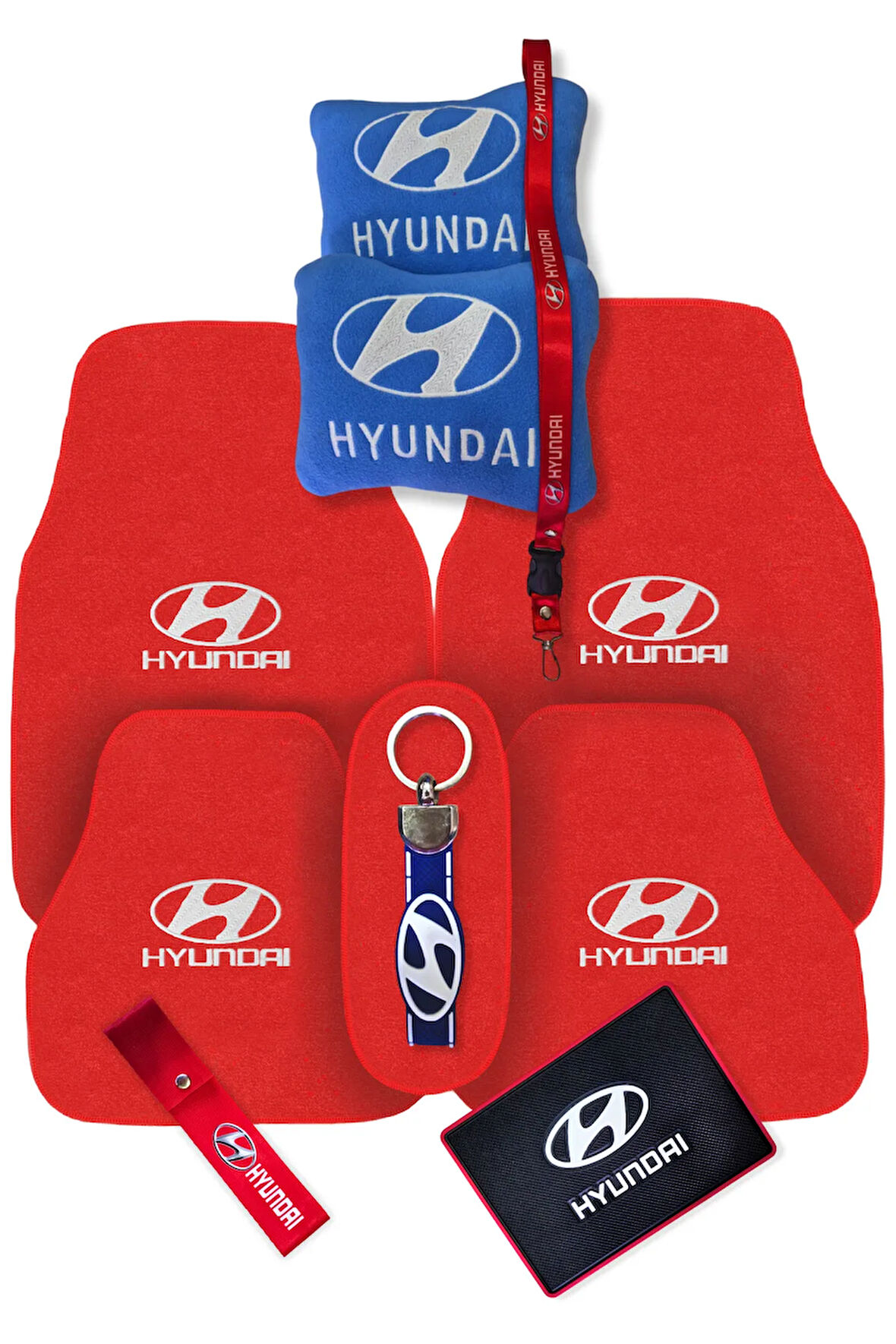 Hyundai Nakışlı 5 Parça Kırmızı Oto Halı Paspas | Hyundai Mavi Polar Araç Yastık & Oto Aksesuar