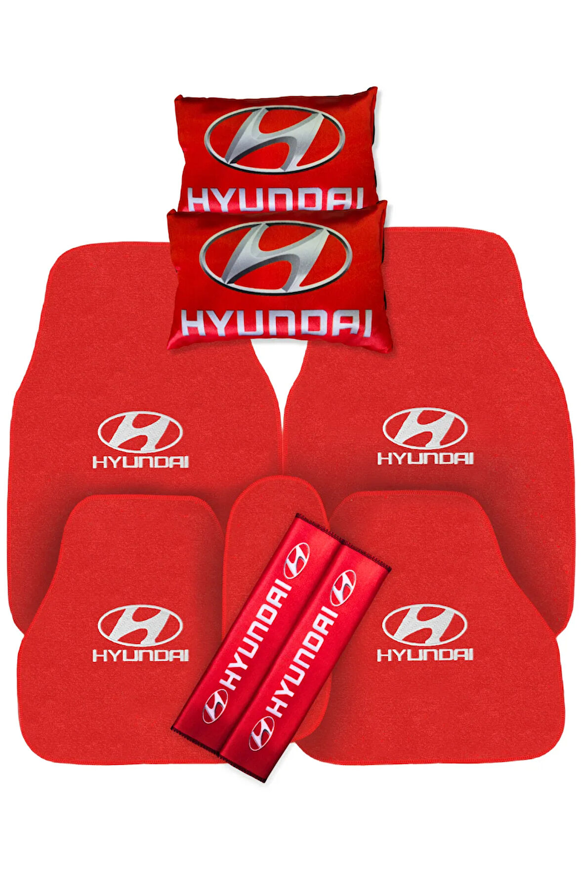 Hyundai Nakışlı 5 Parça Oto Halı Paspas | Dijital Baskılı Kırmızı Oto Yastık & Emniyet Kemer Pedi