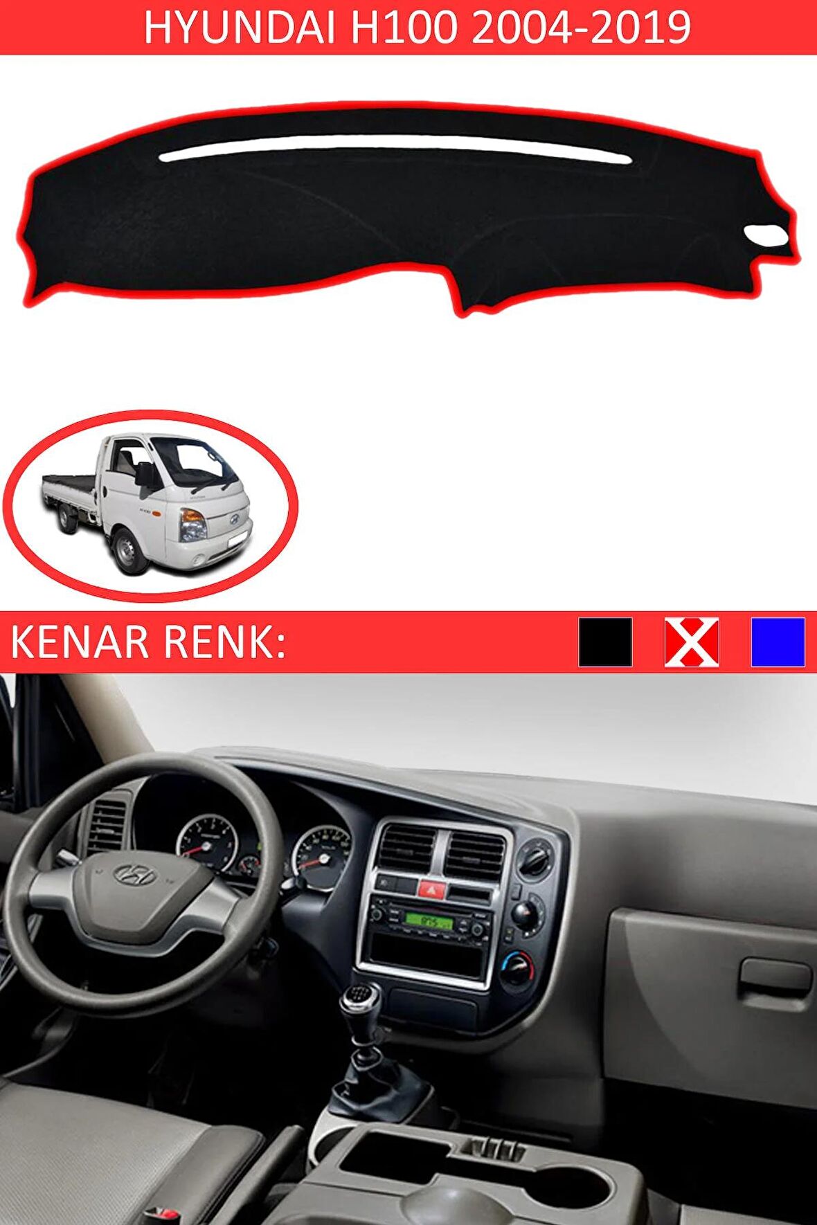 Hyundai İ20 2014-2019 İçin Uygun Torpido Koruma Halısı Siyah Kenar Renk Kırmızı