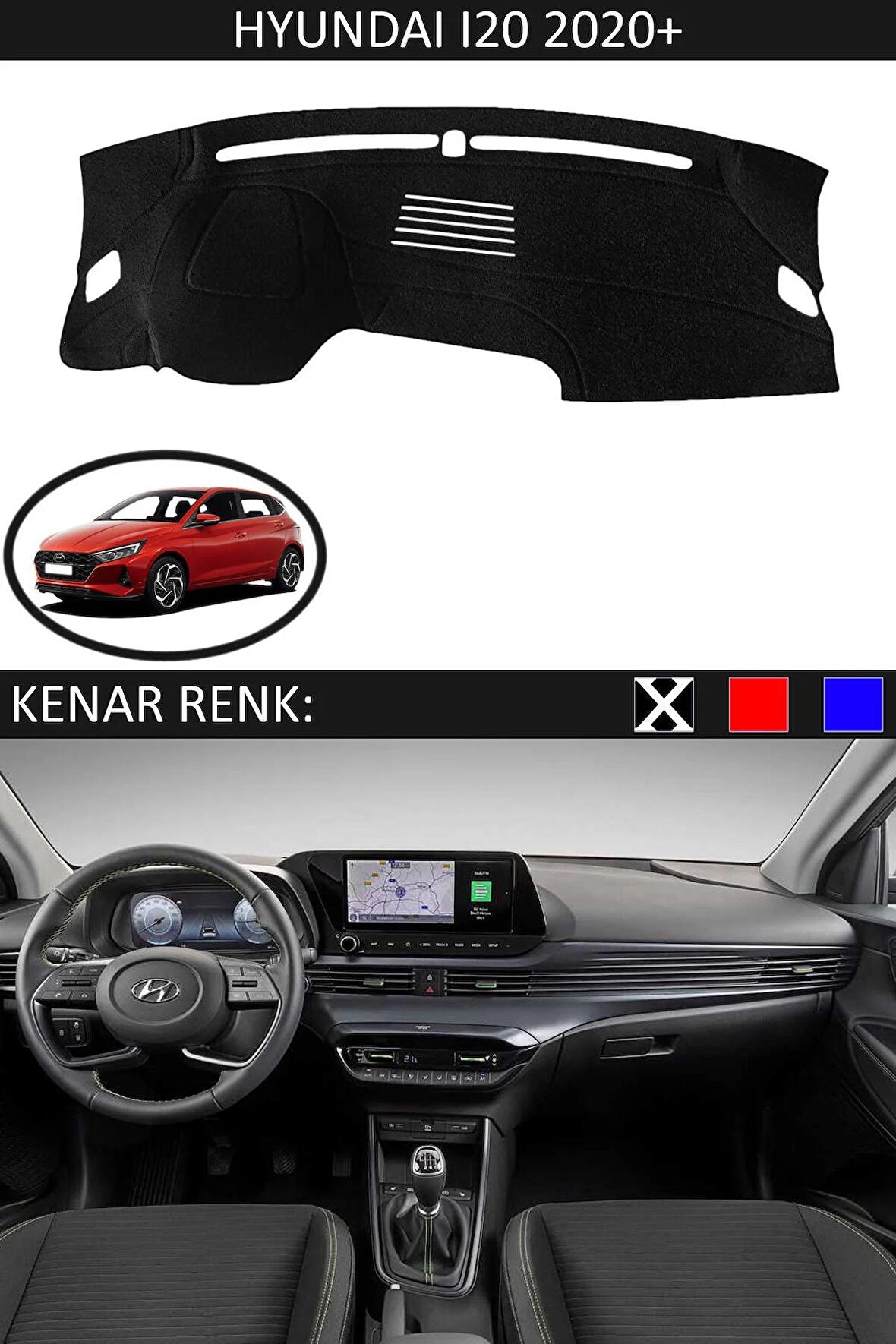 Hyundai İ30 2012-2018 İçin Uygun Torpido Koruma Halısı Siyah Kenar Renk Siyah