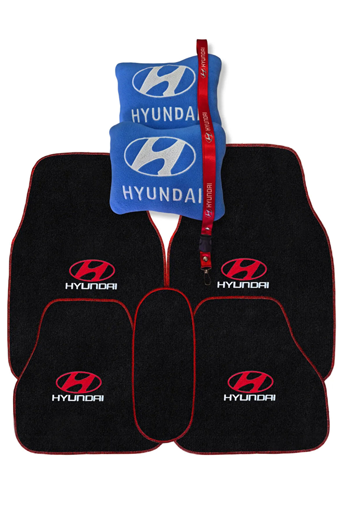 Hyundai Nakış İşlemeli Siyah Oto Halı Paspas | Hyundai Araç Mavi Oto Boyun Yastığı & Oto Ayna Askısı