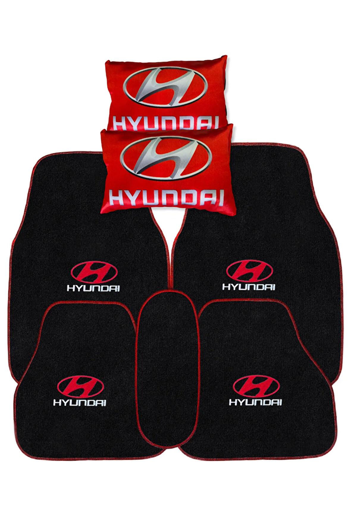 Hyundai Nakışlı 5 Parça Siyah Oto Halı Paspas | Hyundai Dijital Baskılı Kırmızı Oto Boyun Yastığı