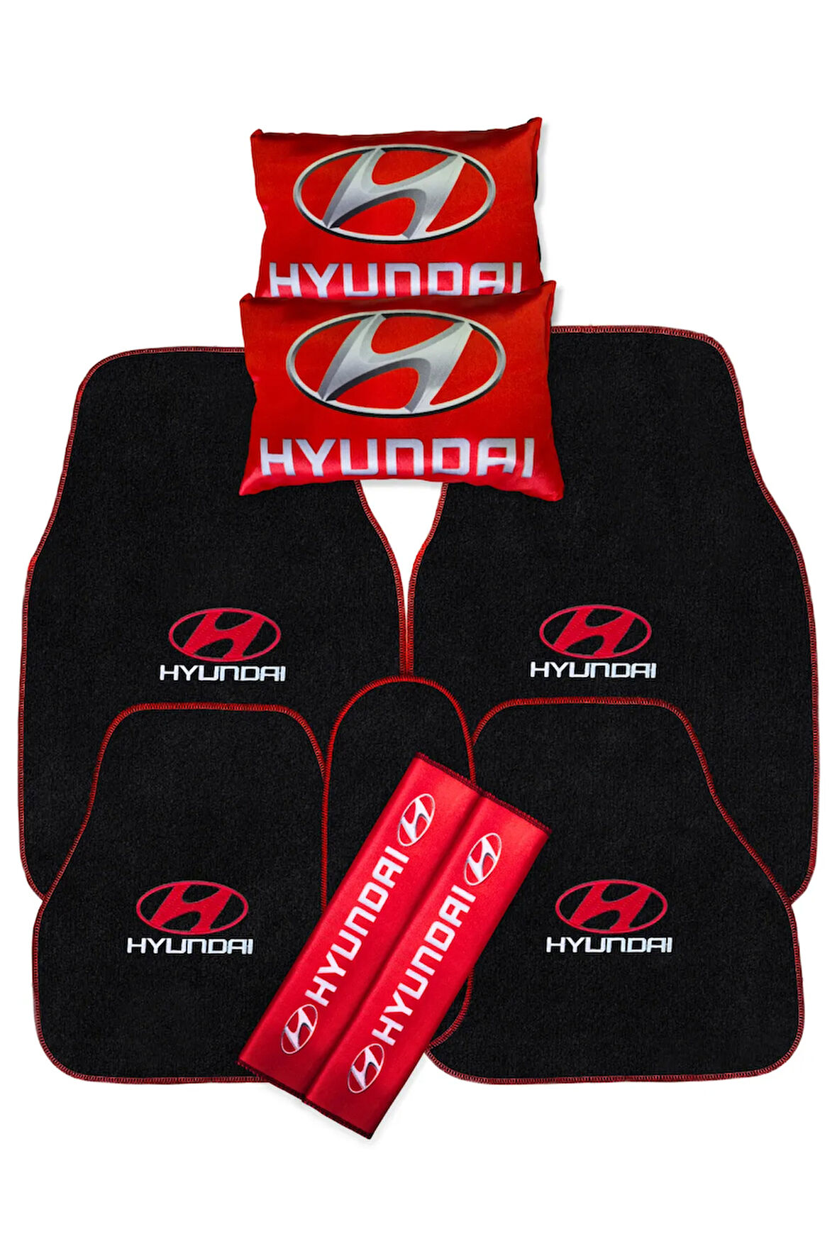 Hyundai Nakışlı Siyah Oto Halı Paspas | Dijital Baskılı Kırmızı Oto Yastık & Emniyet Kemer Pedi