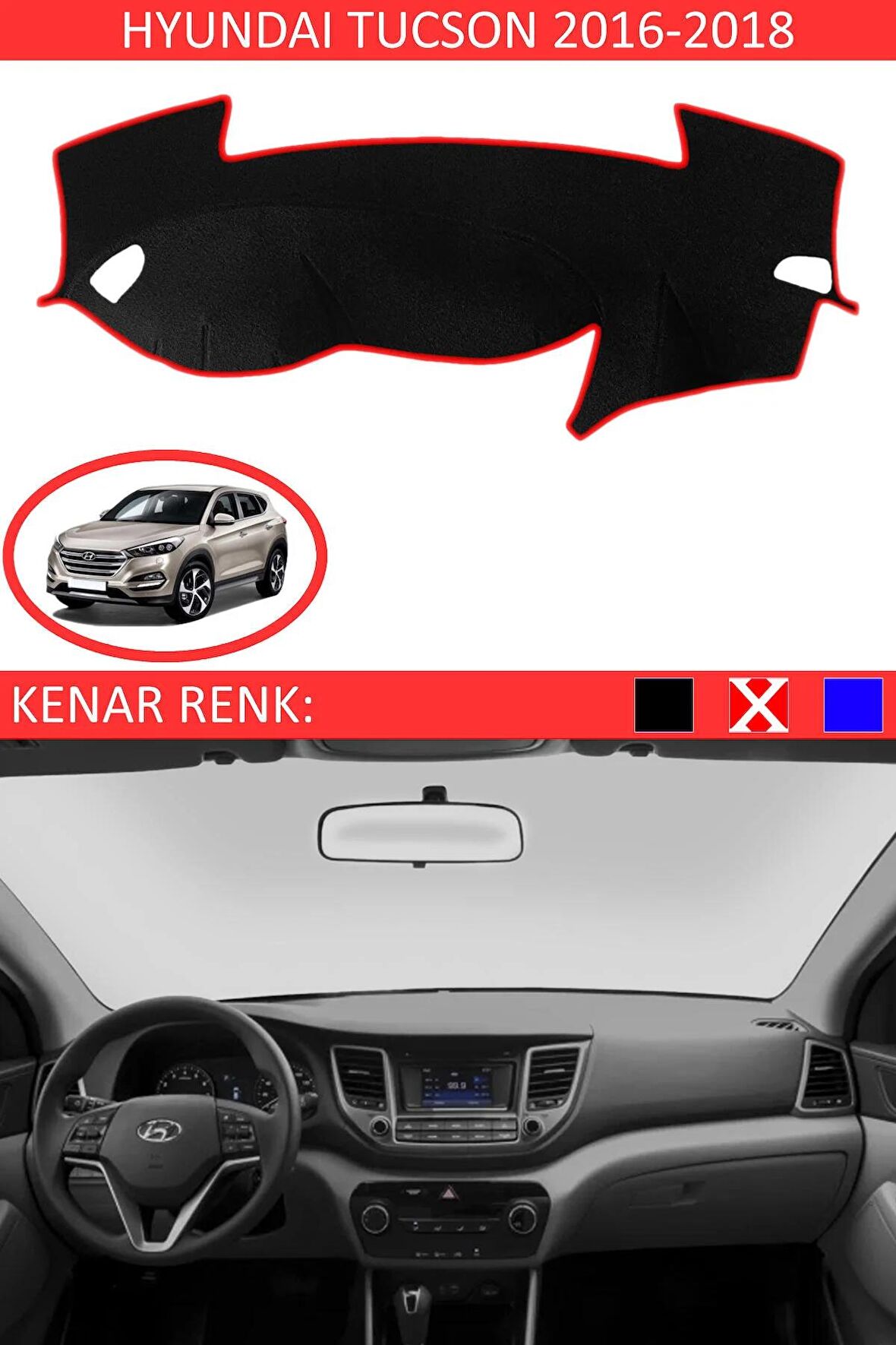 Hyundai Tucson 2016-2018 İçin Uygun Torpido Koruma Halısı Siyah Kenar Renk Mavi