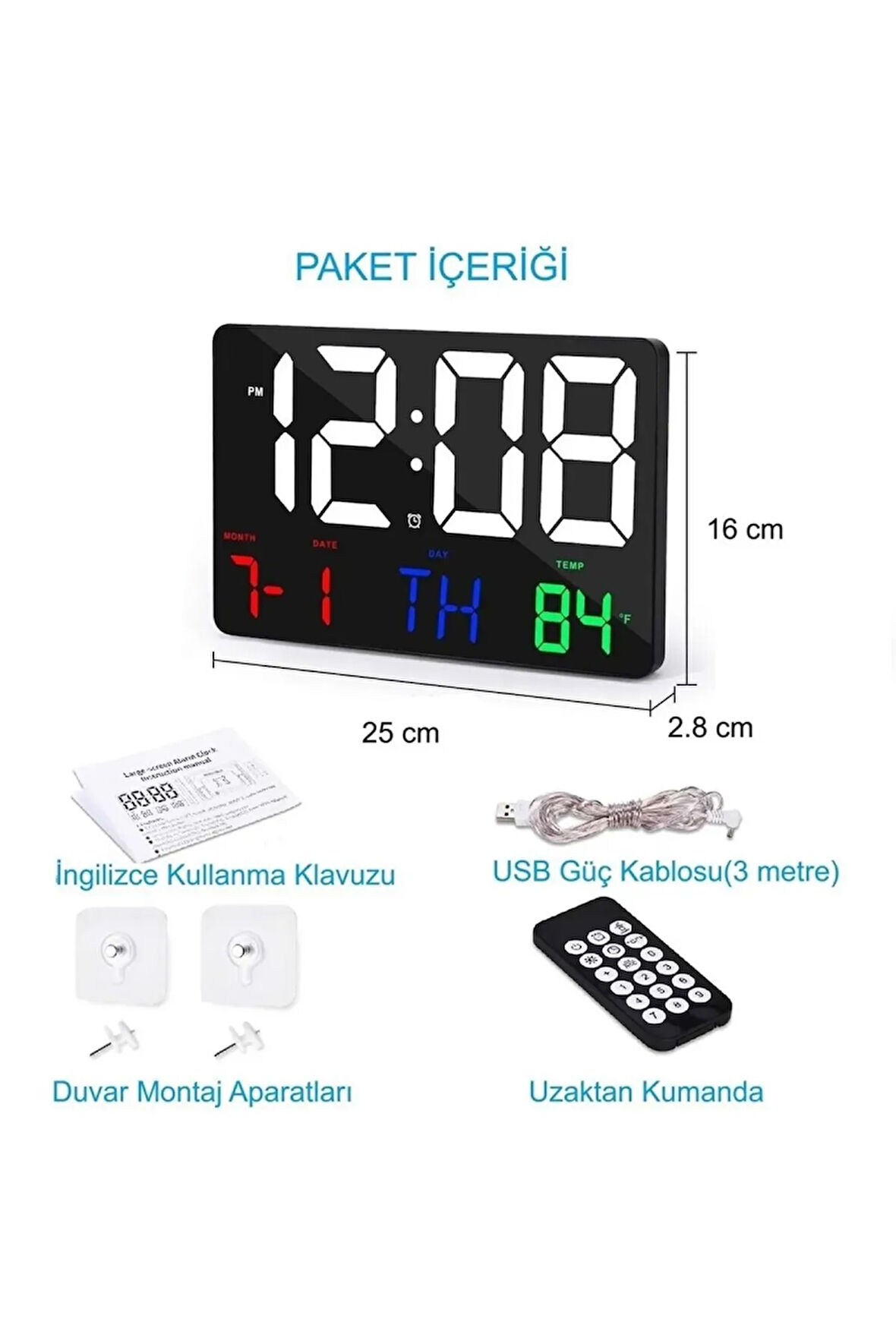 YENİLZ Dijital Duvar Saati Renkli HD LED Ekran25X16CmTarihGünSıcaklık AlarmUSBDekoratif kumandalı