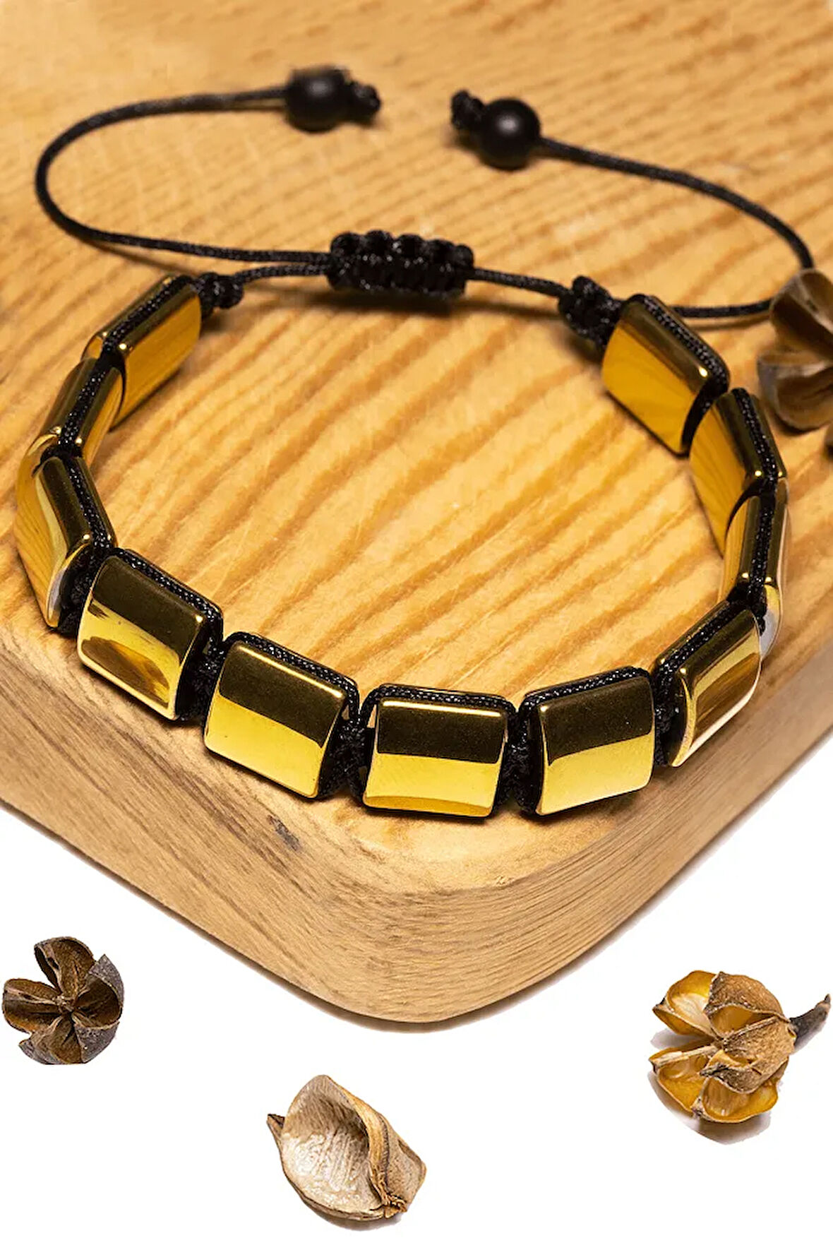 Sertifikalı 24k Altın Kaplama Sarı Hematit Taşı Bileklik - Makrome