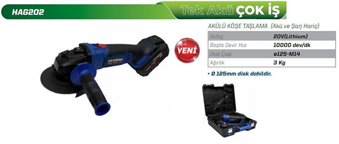 Hyundai HAG202 Akülü Köşe Taşlama Akü ve Şarj Aleti Hariçtir