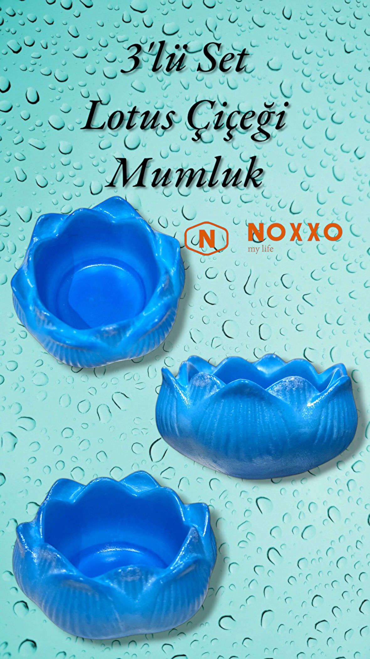 3 lü Lotus Çiçeği Mumluk Seti - Dekoratif Tealight Mumluk Beton Mavi