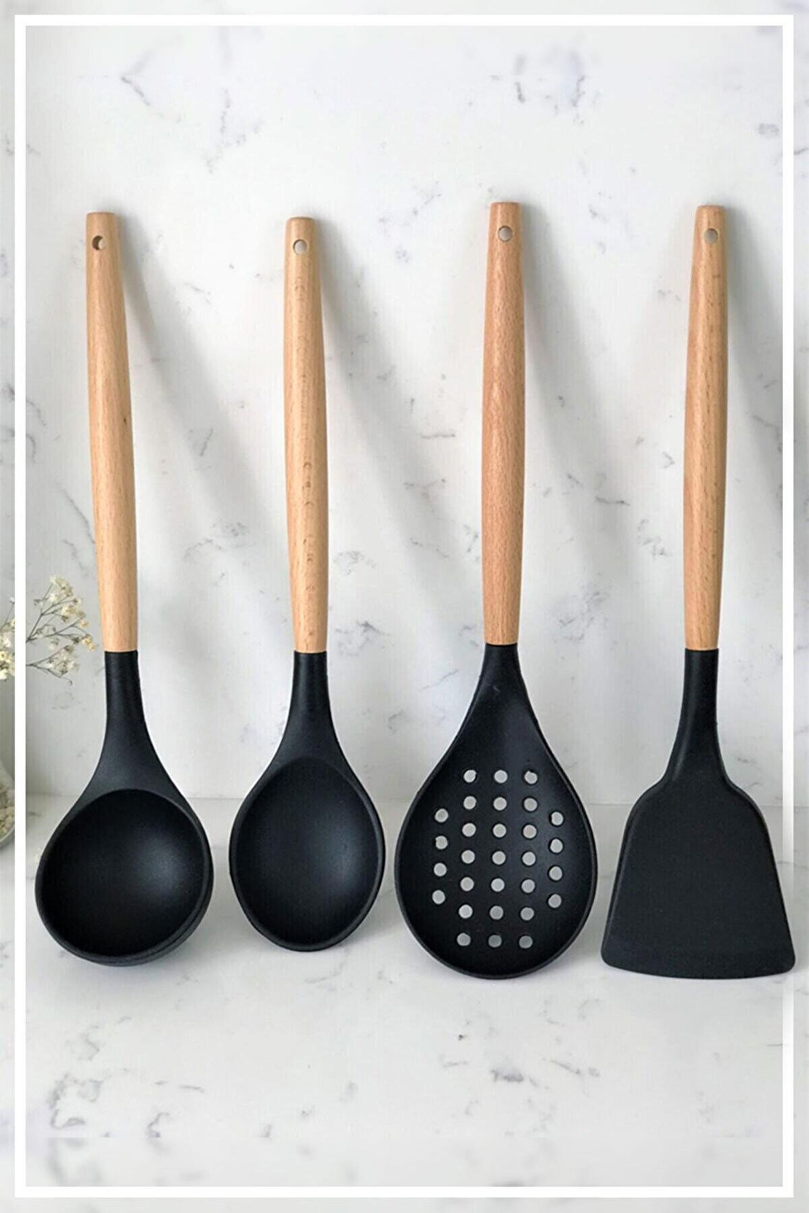 Bambu Saplı Silikon Kaşık & Kepçe & Kevgir & Spatula 4'lü Set - Siyah