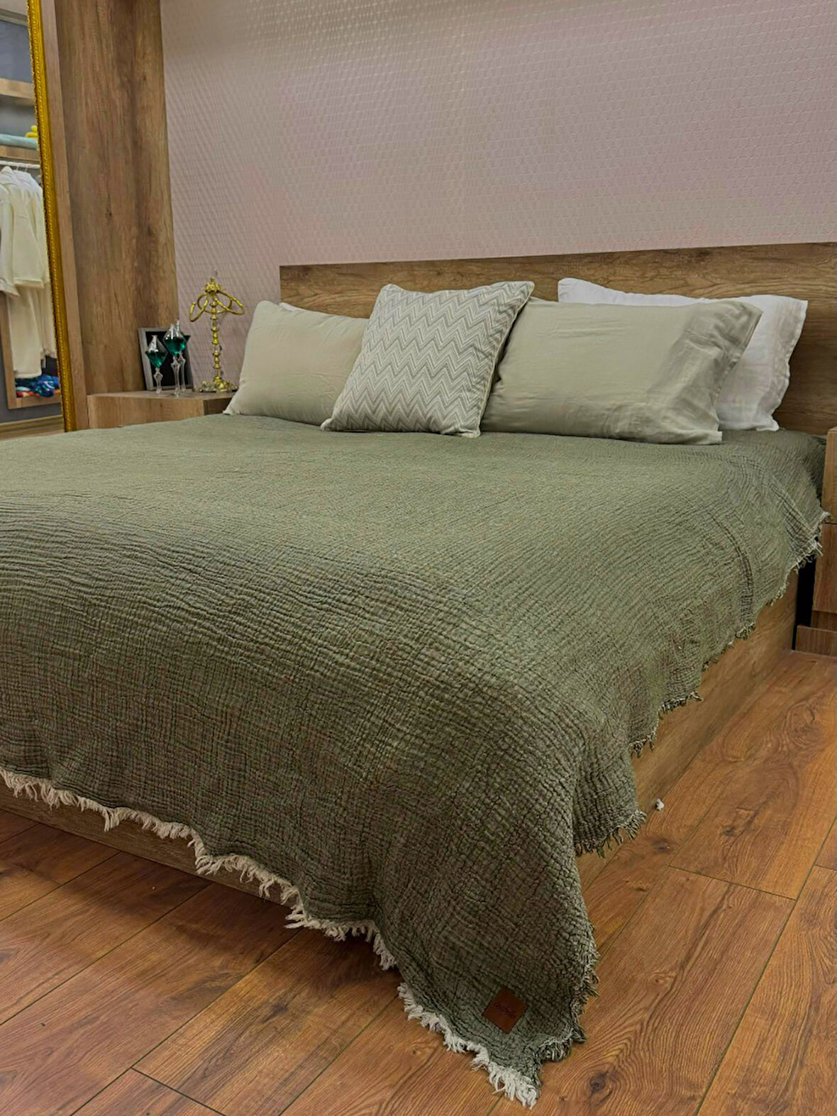 Haki 4 Katlı Çift Taraflı Çift Kişilik Müslin Battaniye %100 Pamuk 230x240 cm