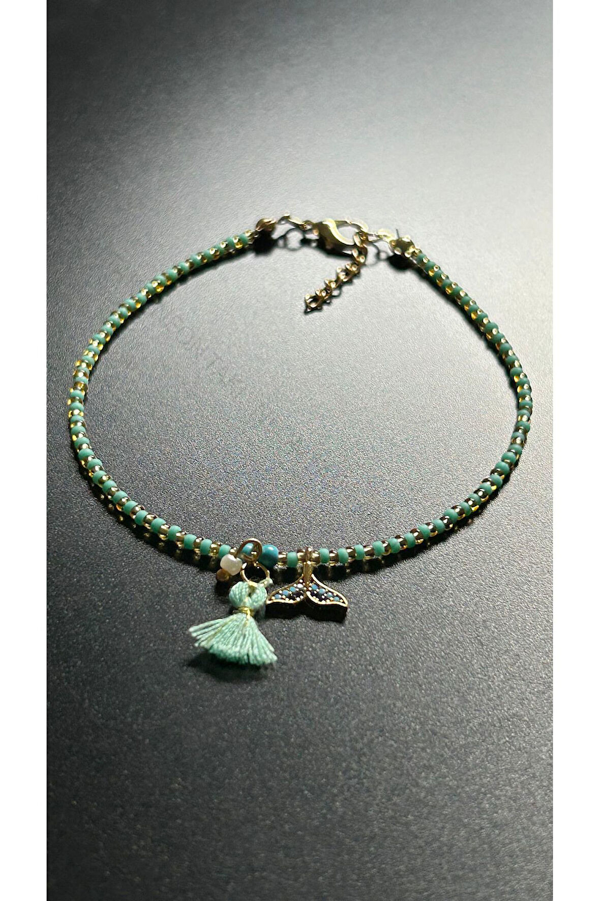 Balık Kuyruğu, Turkuaz Renk Boncuklu Halhal 35, Altın Rengi