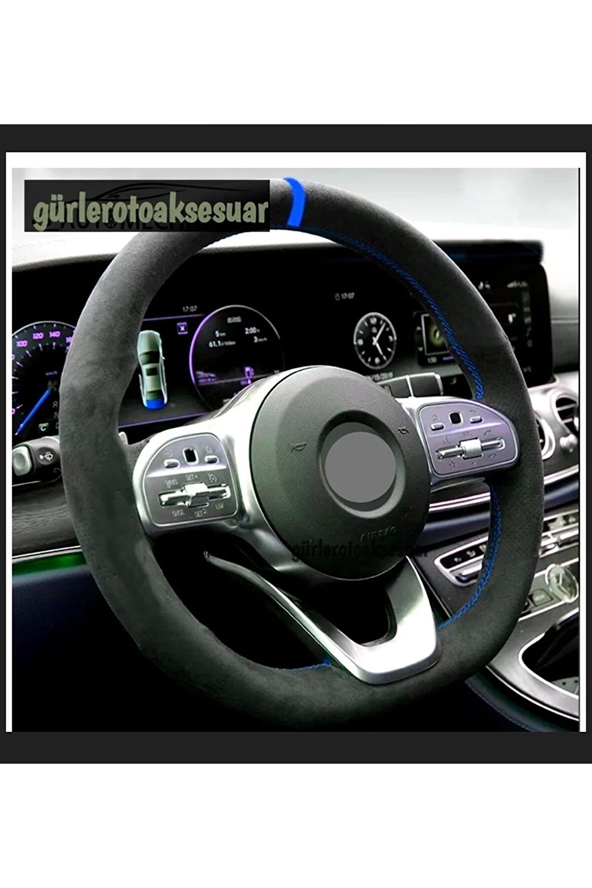 Opel Astra H Uyumlu Dikmeli Direksiyon Kılıfı Alkantra Mavi Yüzüklü