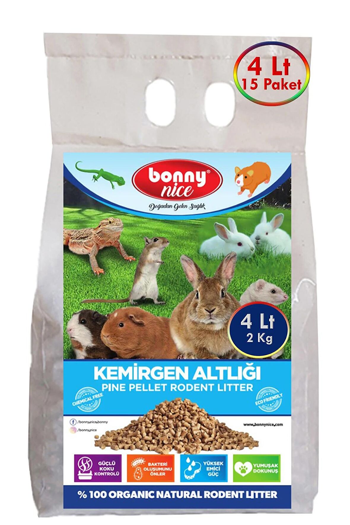 Bonny Nice Doğal Çam Pelet Hamster Kafes Altlığı 2 Kg 4 Lt (15 Adet)