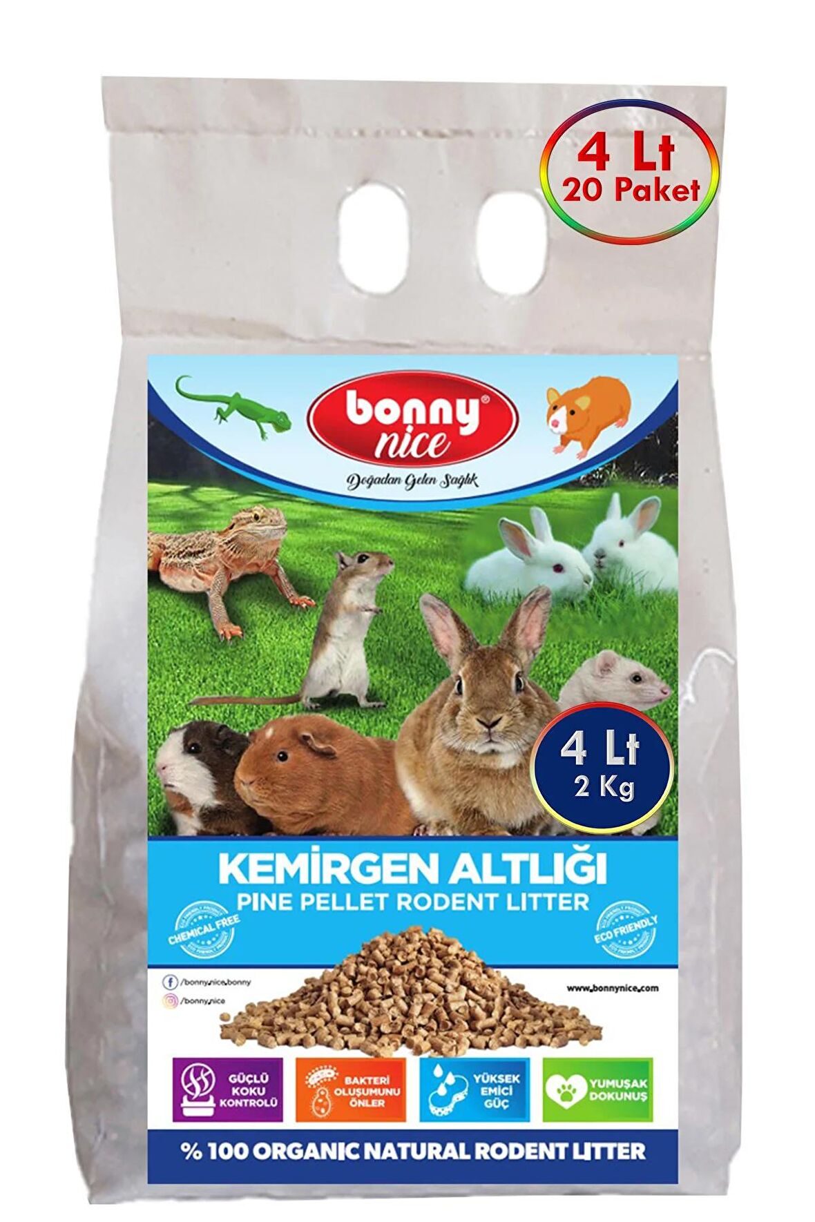 Bonny Nice Doğal Çam Pelet Hamster Kafes Altlığı 2 Kg 4 Lt (20 Adet)