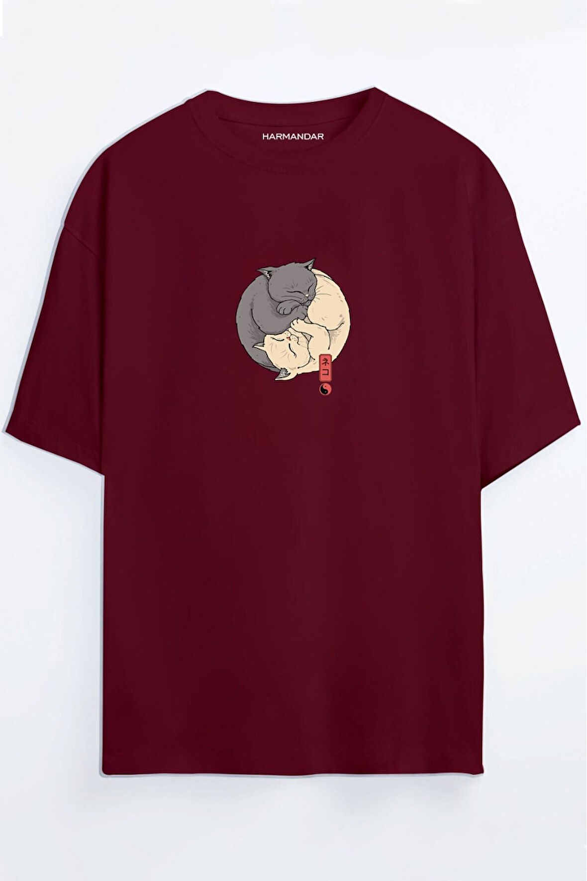 Ying Yang Kedi Baskılı Unisex Siyah Oversize T-shirt | 2XL