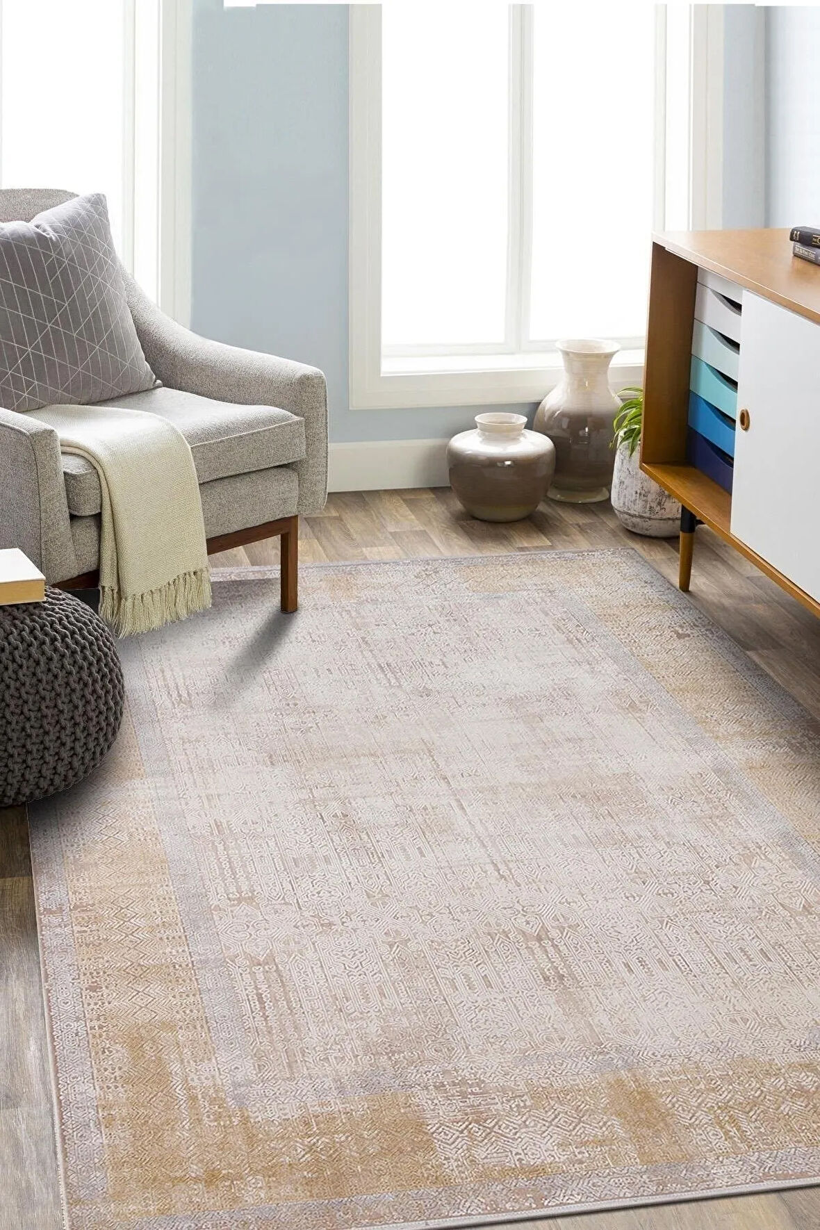 Kaliteli Viskon Halı Sık Dokuma Salon-oturma Ve Hol Odası Halısı Türkmen Halı Harmony 21023 Krem