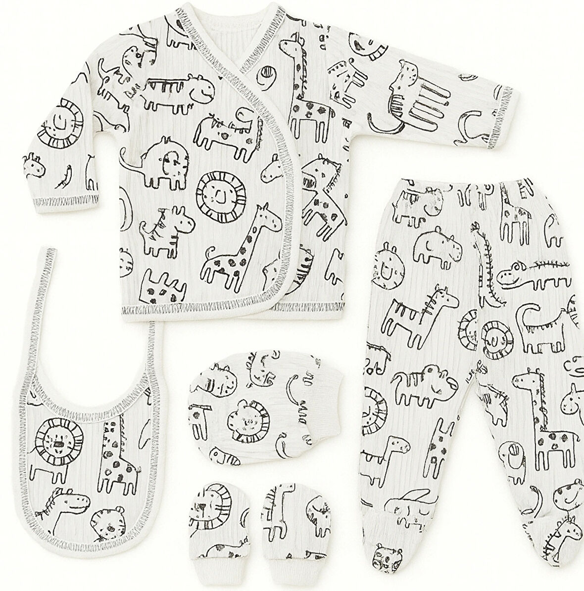 %100 Pamuklu 5 Parça Yenidoğan Hastane Çıkışı Seti – Bebek Zıbın Takımı, Şapka, Önlük, Eldiven