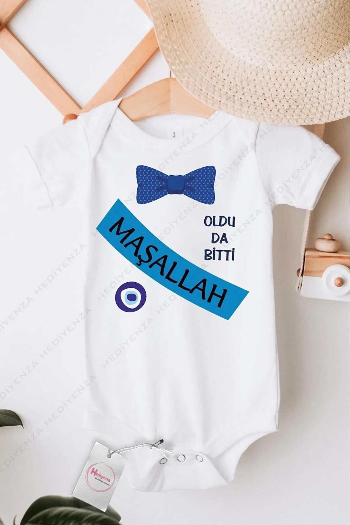 Maşallah Mavi Papyon Sünnet Özel Tasarım Bebek Zıbın Pamuklu Çıtçıtlı Body