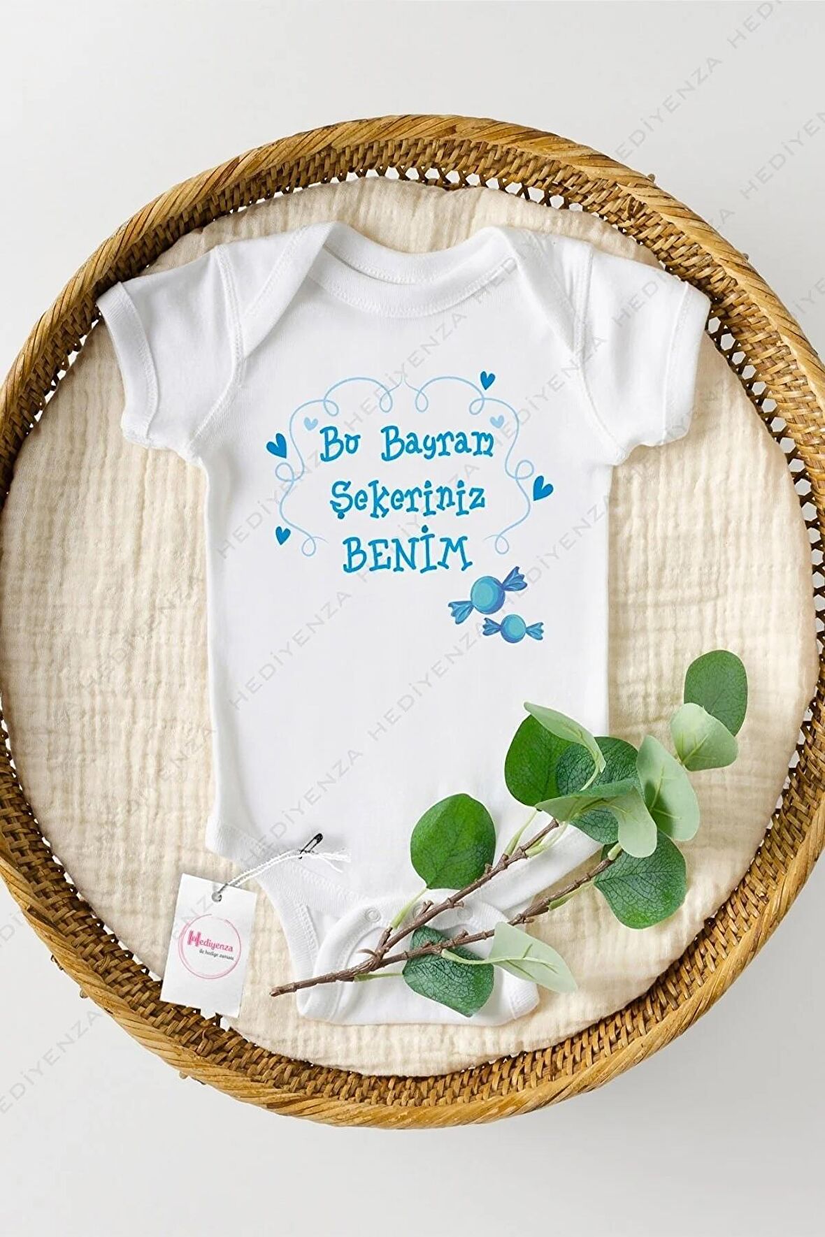 Bu Bayram Şekeriniz Benim Mavi Özel Tasarım Bebek Zıbın Pamuklu Çıtçıtlı Body