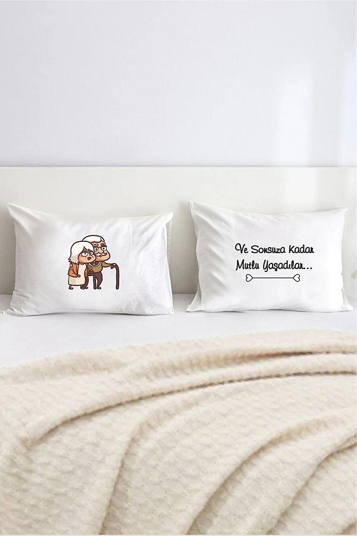 Sonsuza Kadar Mutlu Yaşadılar Pamuklu Çift Kişilik 50x70 cm Yastık Kılıfı Seti