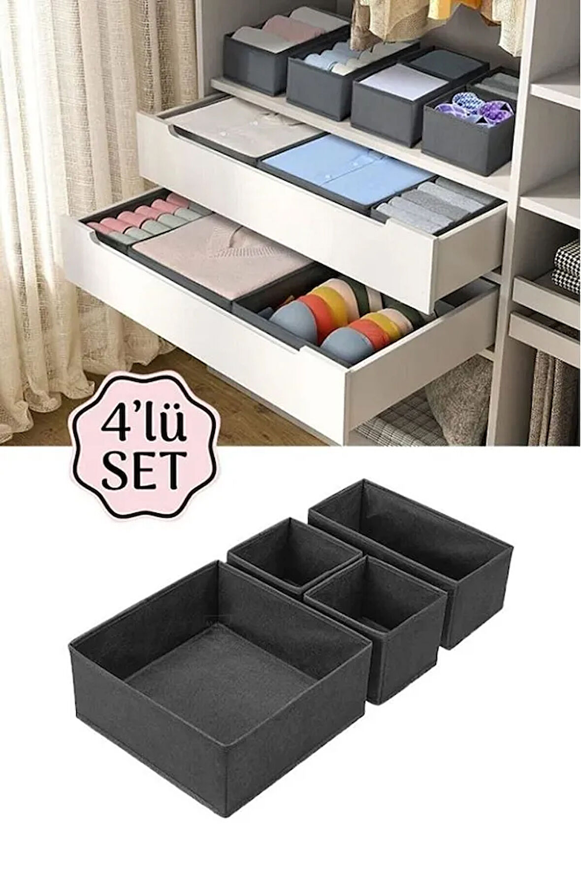 (3 ADET ) 4'lü Dolap Içi Ve Çekmece Içi Düzenleyici Organizer Giysi, Çorap, Saklama Kutu Seti
