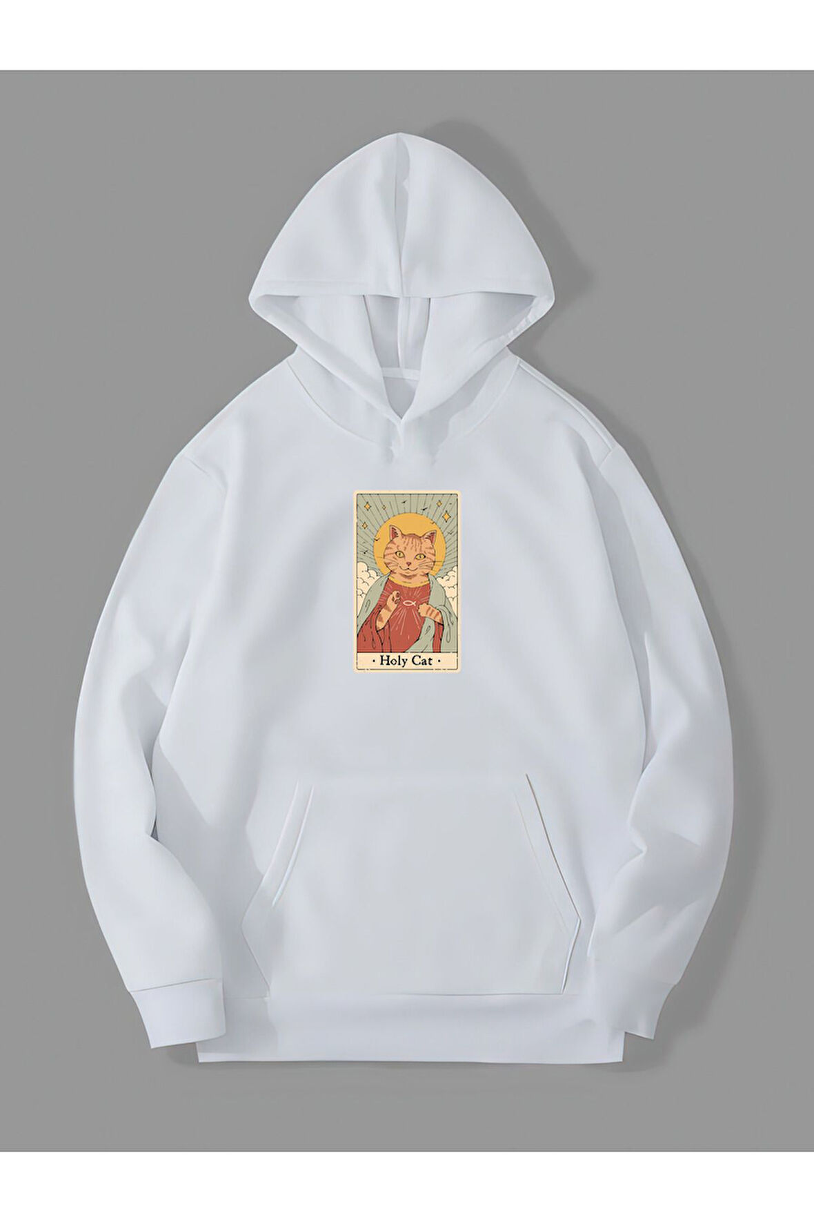 3 İplik Holy Cat Baskılı Beyaz Kanguru Cepli Kapüşonlu Sweatshirt Hoodie | S