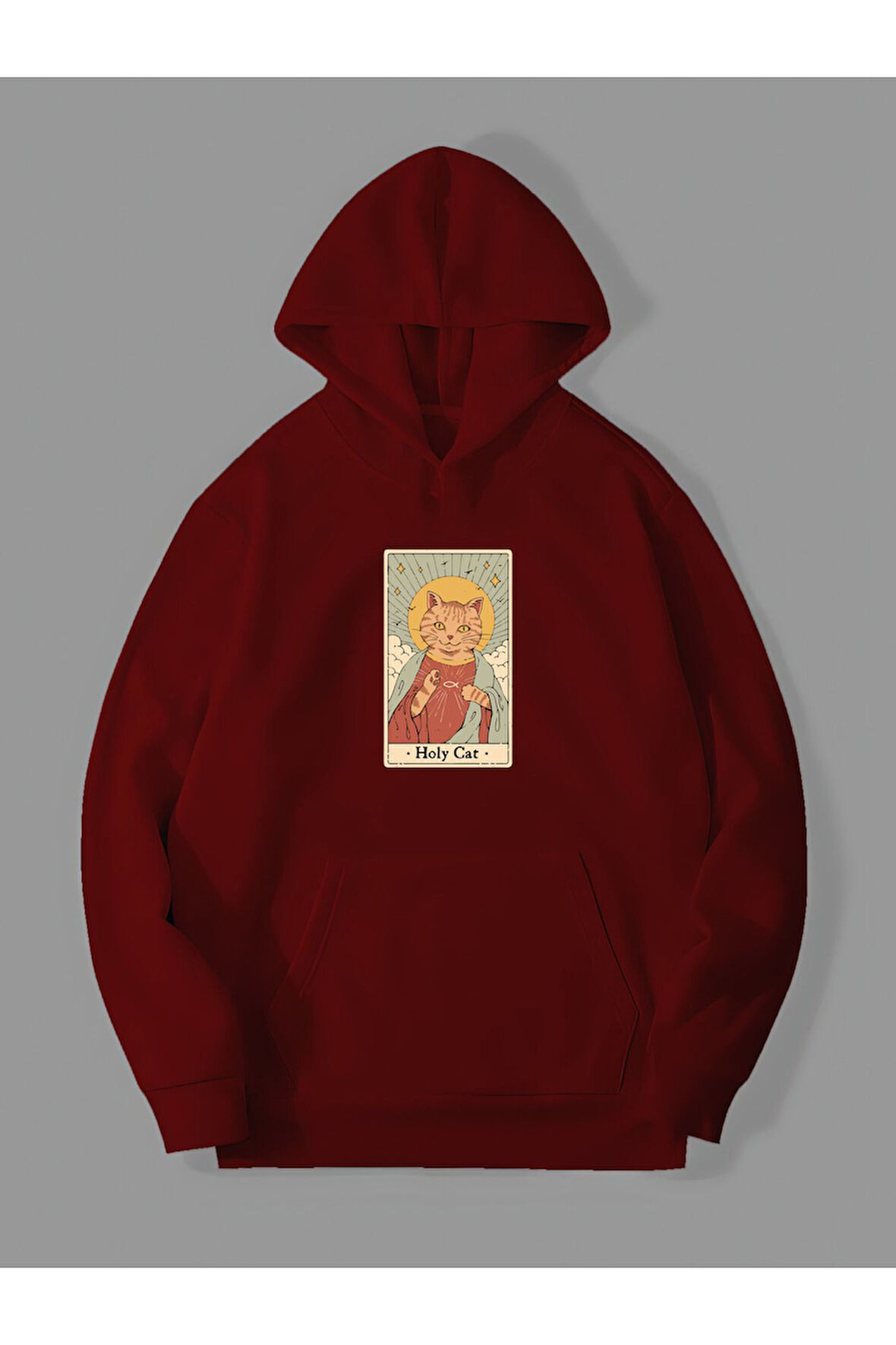 3 İplik Holy Cat Baskılı Kırmızı Kanguru Cepli Kapüşonlu Sweatshirt Hoodie | L