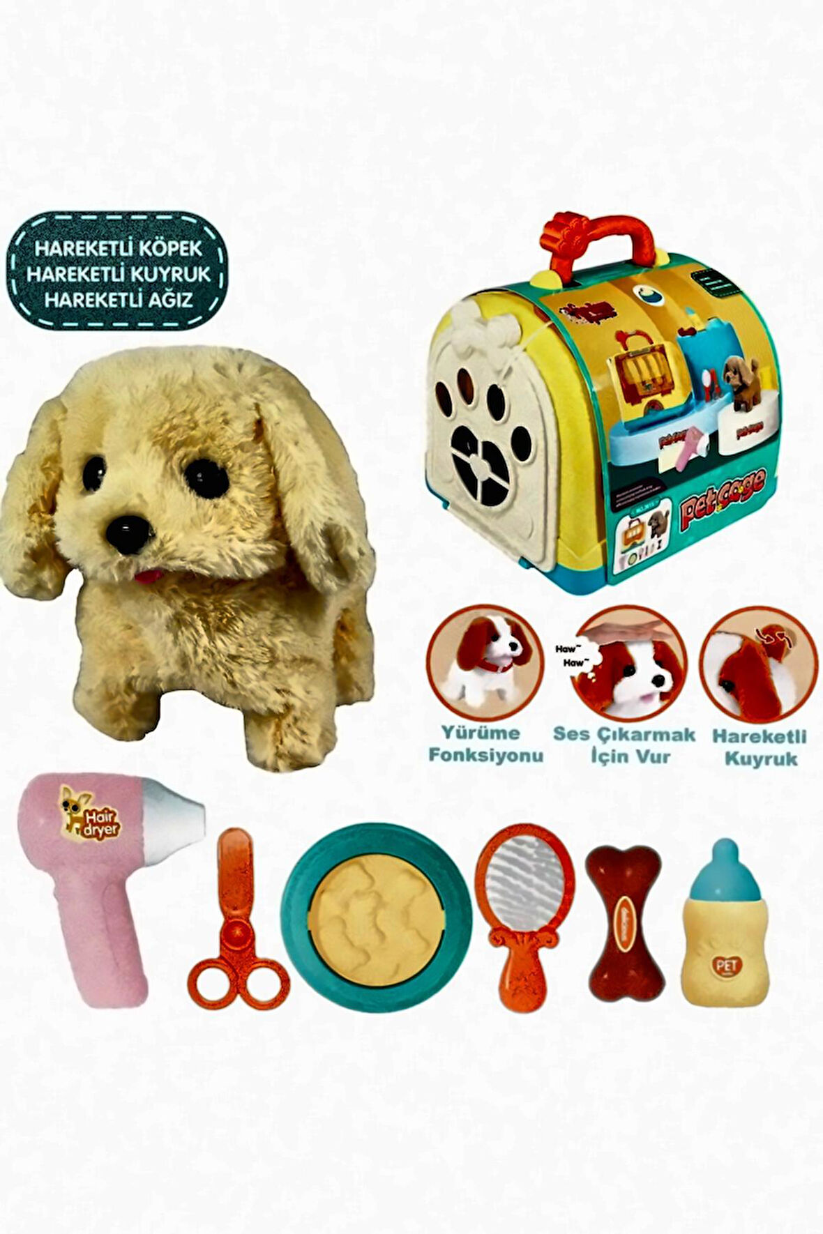 li Köpek ve Işıklı Sesli Şeffaf Kafes Seti Pet Home Kız Çocuk Eğitici Oyuncak Erkek Çocuk Oyuncaklar