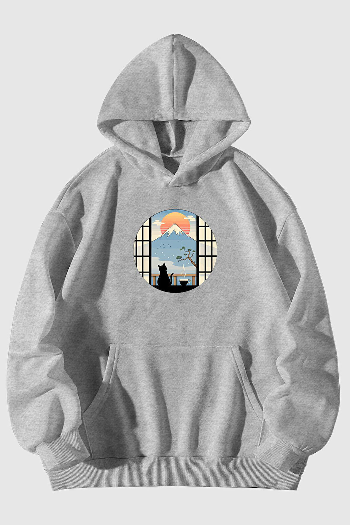 Huzurlu Kedi Baskılı Unisex Siyah Kanguru Cepli Kapüşonlu Sweatshirt Hoodie | XL