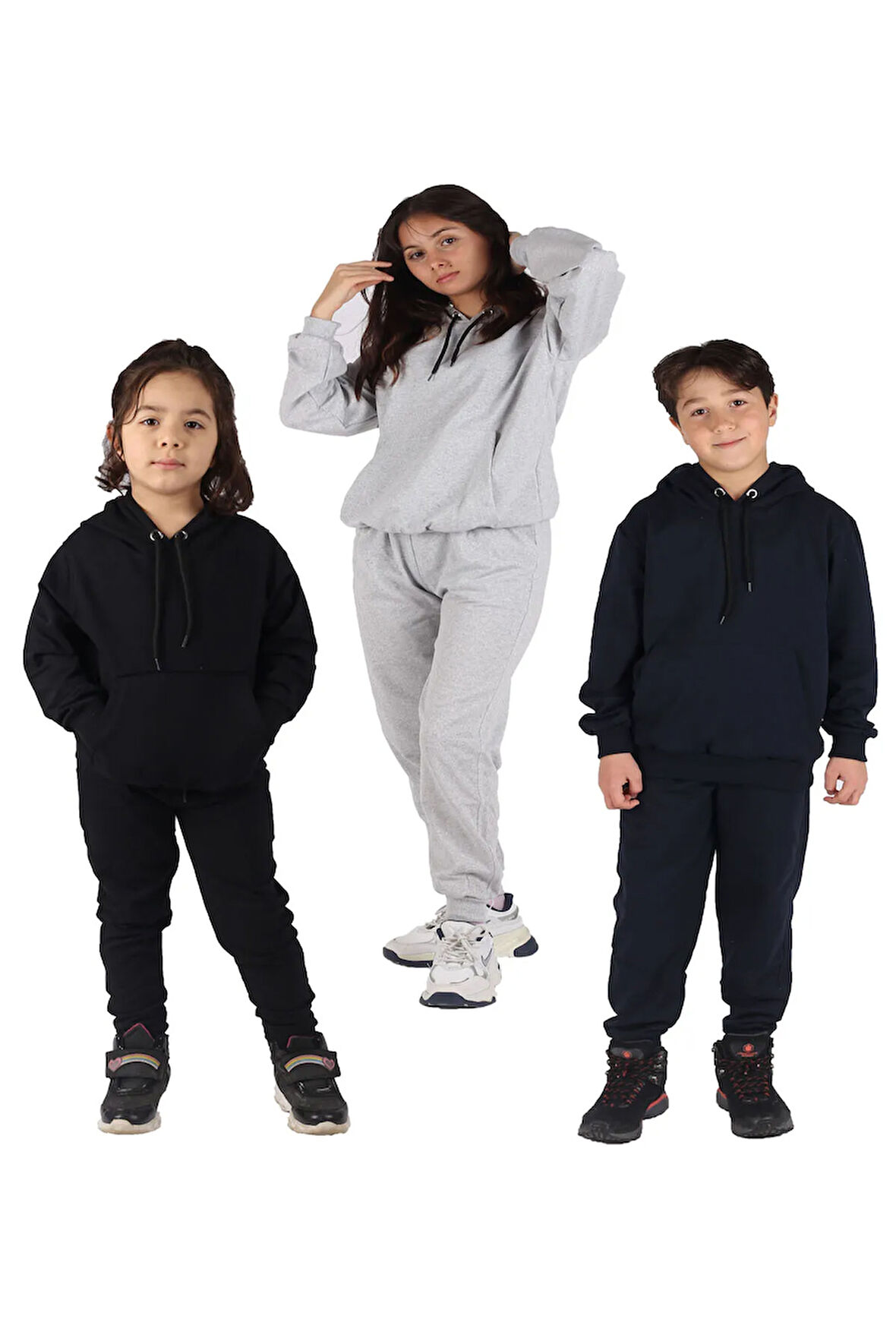 İNCİ TEKSTİL 3lü kapüşonlu kanguru cepli unisex çocuk alt-üst eşofman takım
