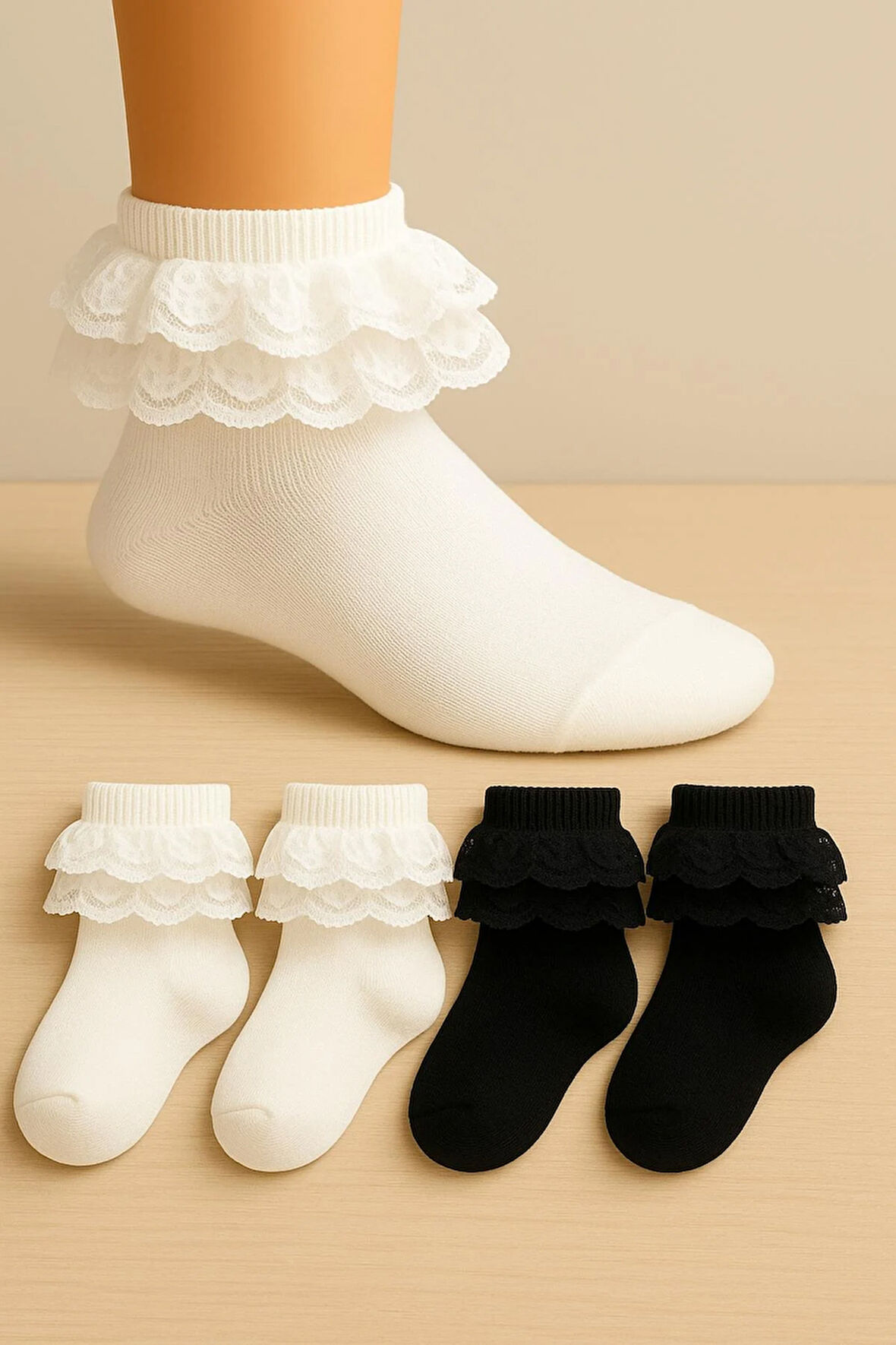 4 Çift Yumuşak Dantelli Dikişsiz Kız Çocuk Çorabı
